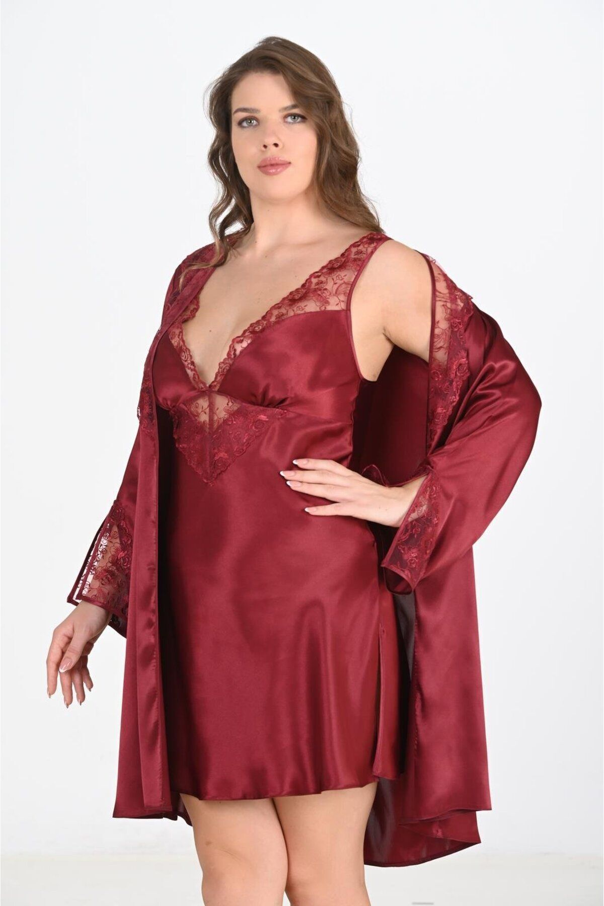 AHU-2-Piece Claret Red Dressing Gown Set Big Size 6209 2