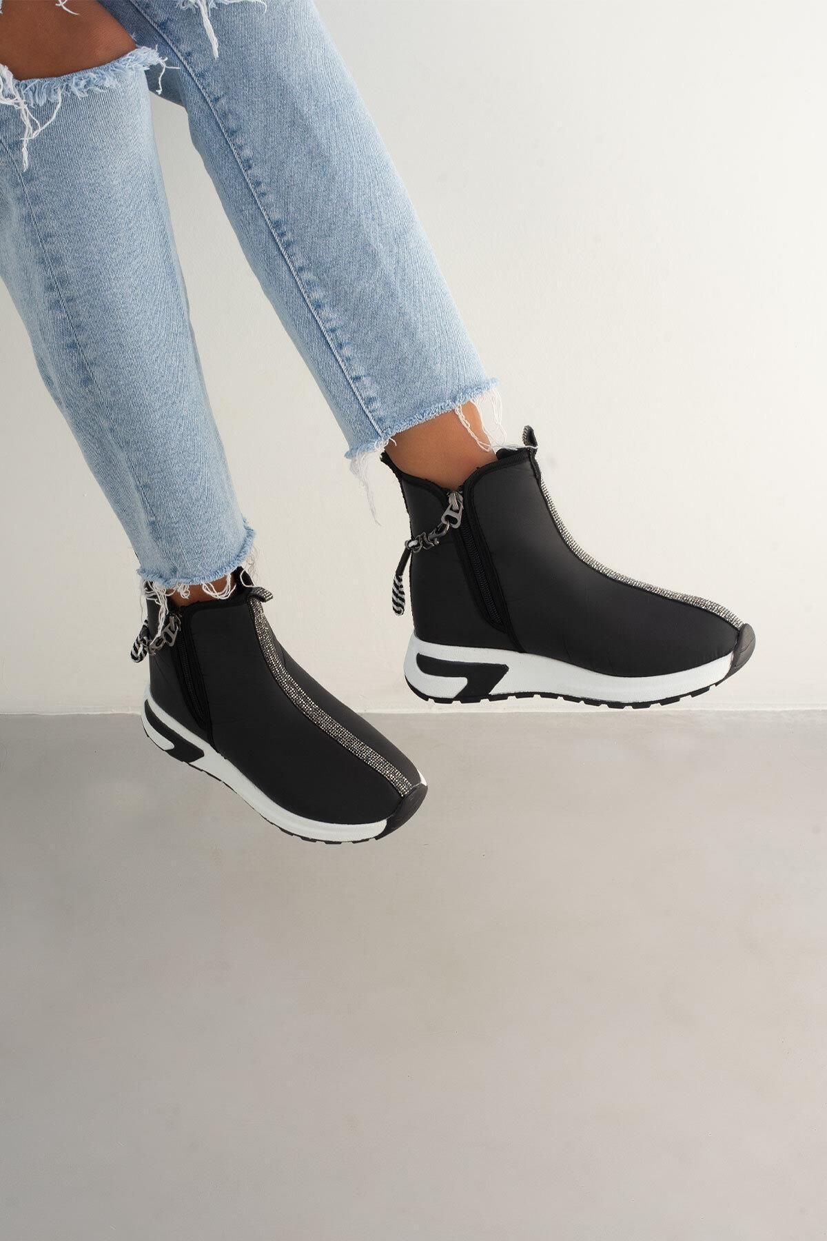 Beyond-White Sole Black Elora Boots - Black Elora Double Zippered Stone Detailed Waterproof Parachute Boots 3