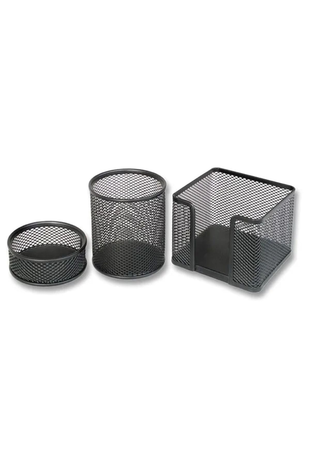 Bion-Table Set Paper Clip-Paper Holder-Pencil Holder Metal Perforated Black Set of 3 3