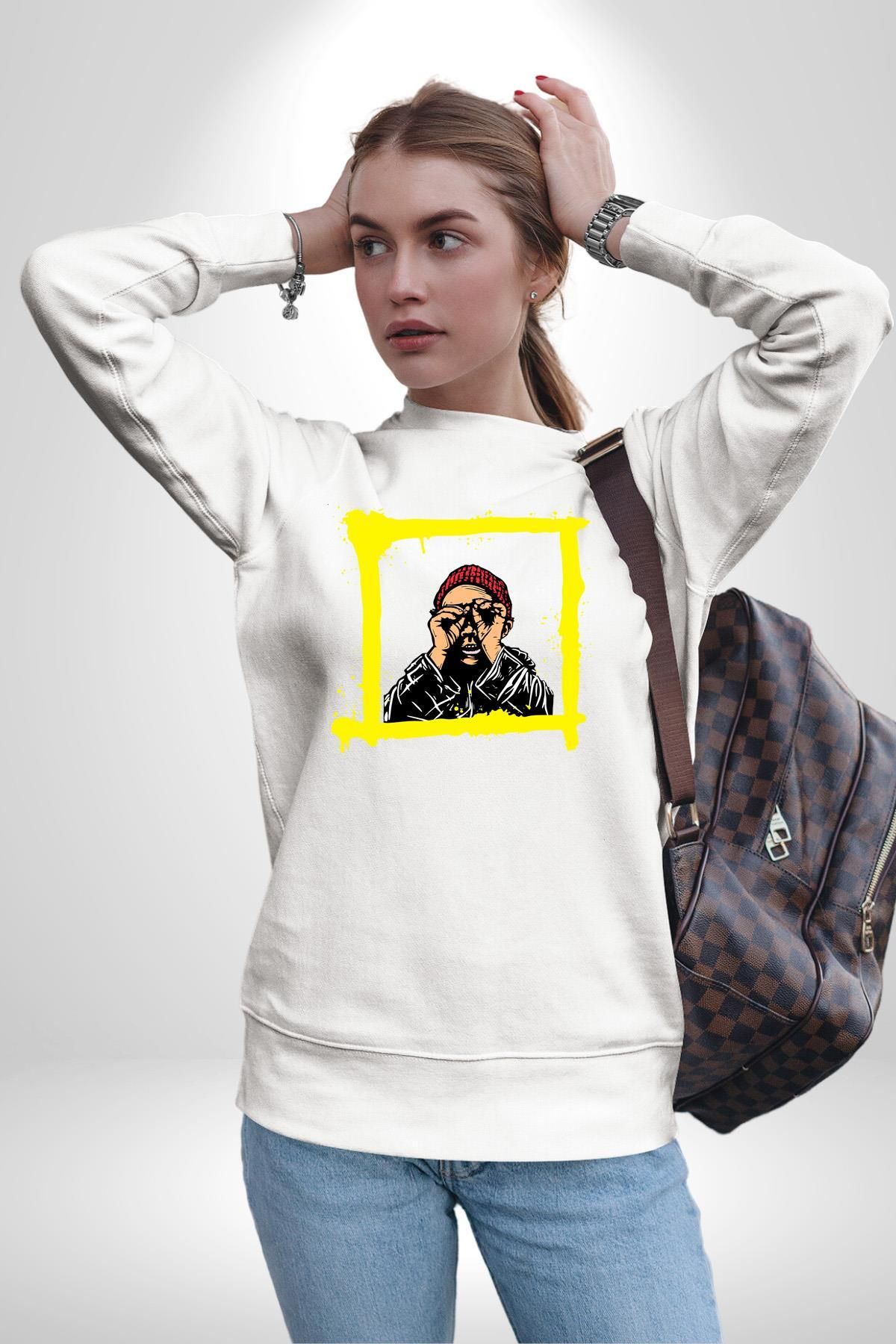 Angemiel Fantastik Sanatsal Yeni Nesil Kırmızı Bere El İle Dürbün Kadın Erkek Beyaz Sweatshirt