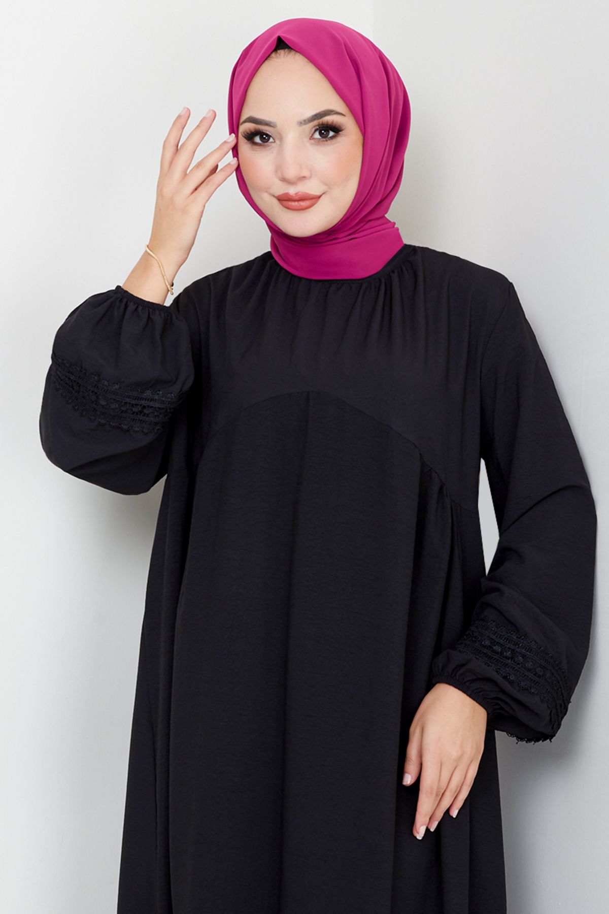 ModaMerve-Black Guipure Detailed Dress - 2458Hbs932-M 3