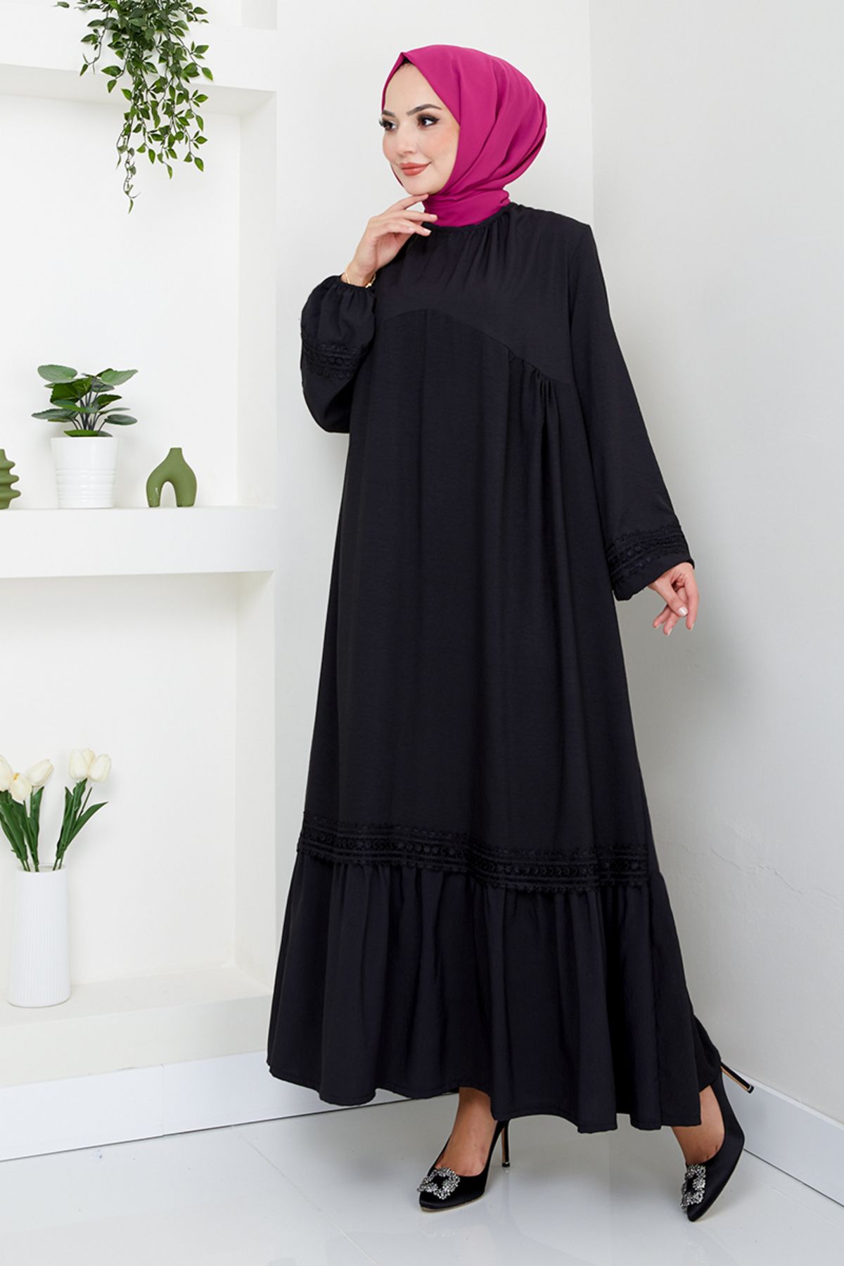 ModaMerve-Black Guipure Detailed Dress - 2458Hbs932-M 2