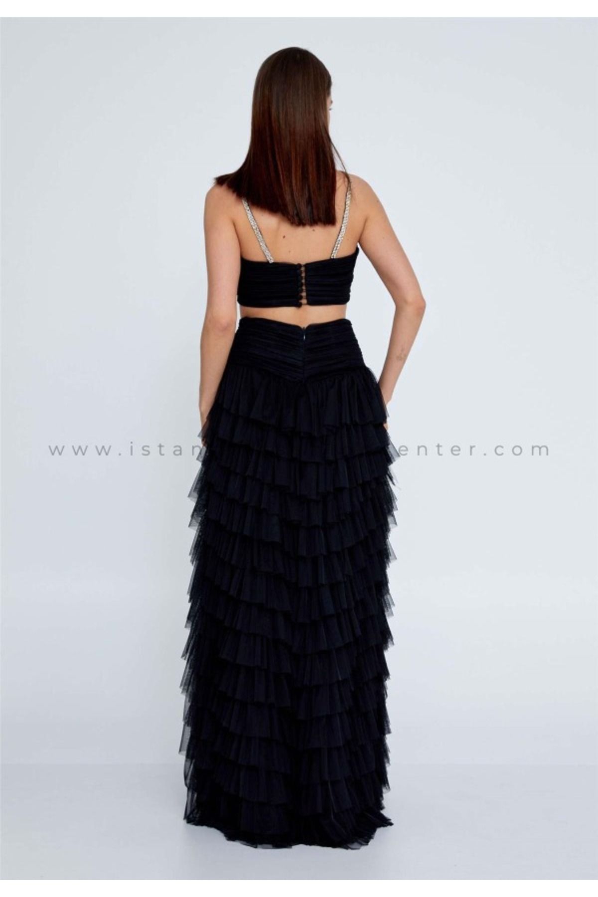 ÖMÜR INN-Black Stone Crop and Tiered Rifful Slits Elegant Evening Dress 4