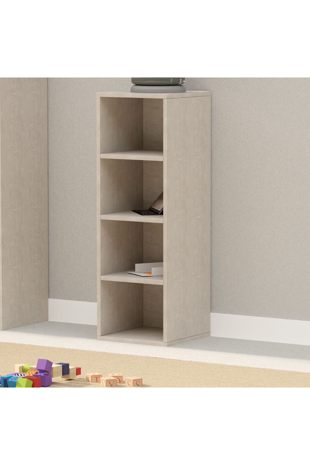 Mahmayi-Wooden Storage Display Shelves 4-Tier Freestanding, Box Shelves, Light Concrete 2