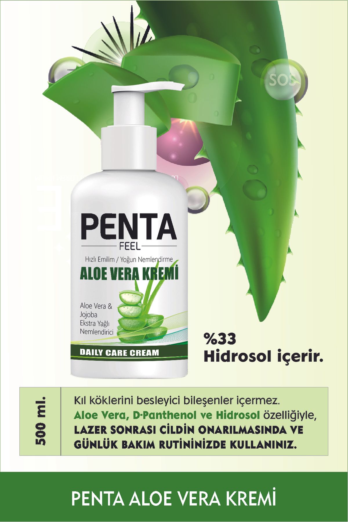 PENTA FEEL Lazer Sonrası Bakım Ve Günlük Rutininiz Için D-panthenol&aloe Vera Kremi 500 ml