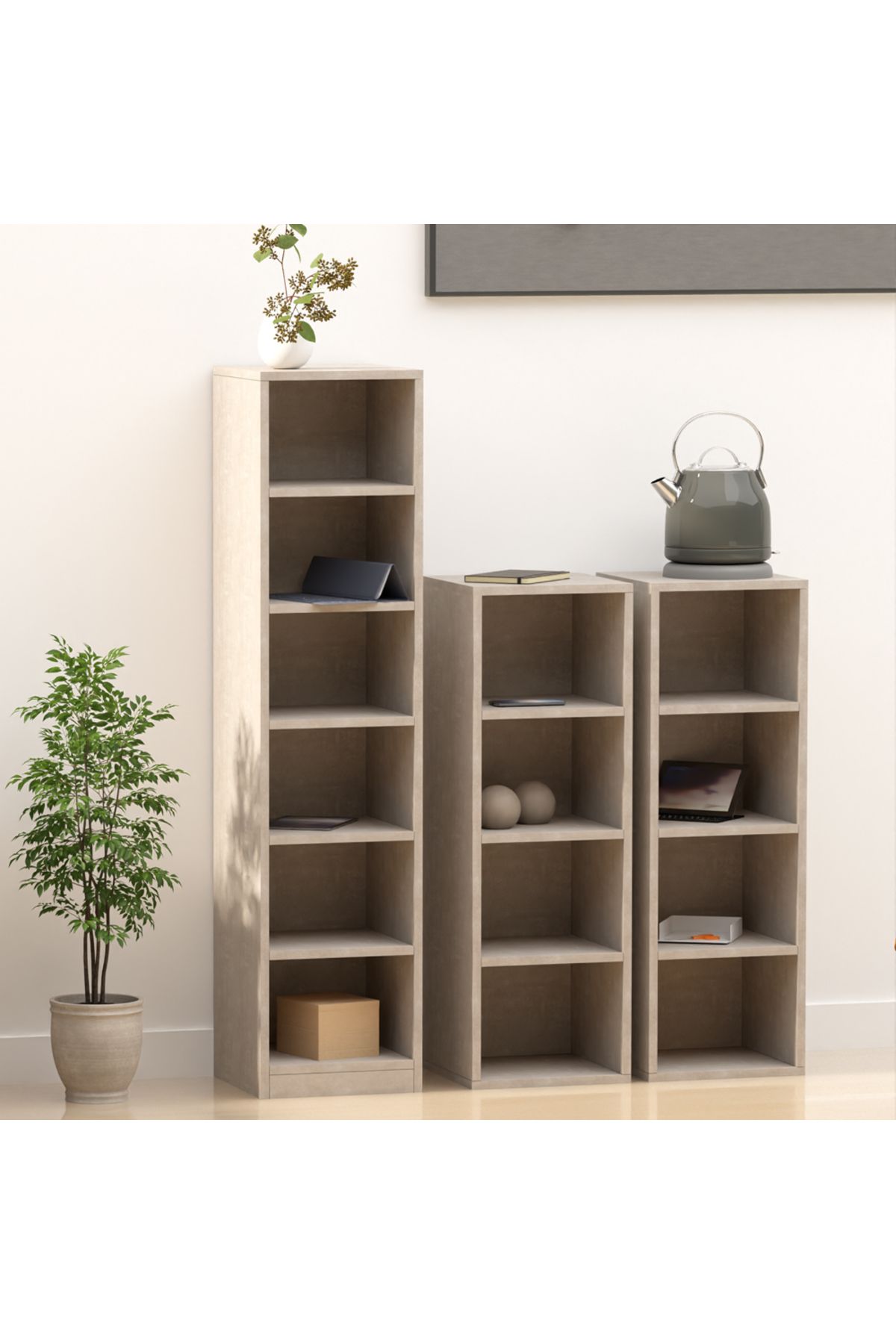 Mahmayi-Wooden Storage Display Shelves 4-Tier Freestanding, Box Shelves, Light Concrete 5