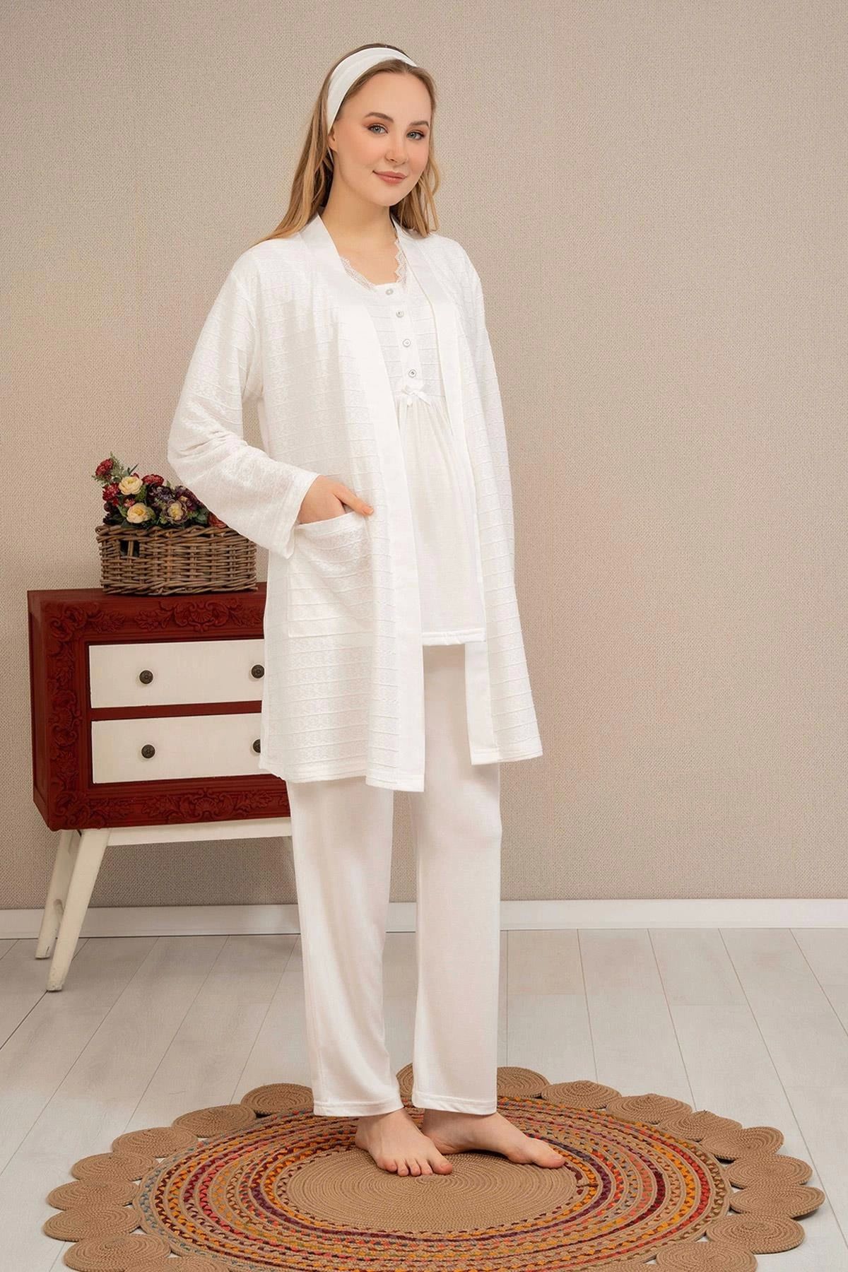 ARONA Ba-Ha 4503 Jakar Sabahlıklı Dantelli Detaylı Lohusa Pijama Takımı