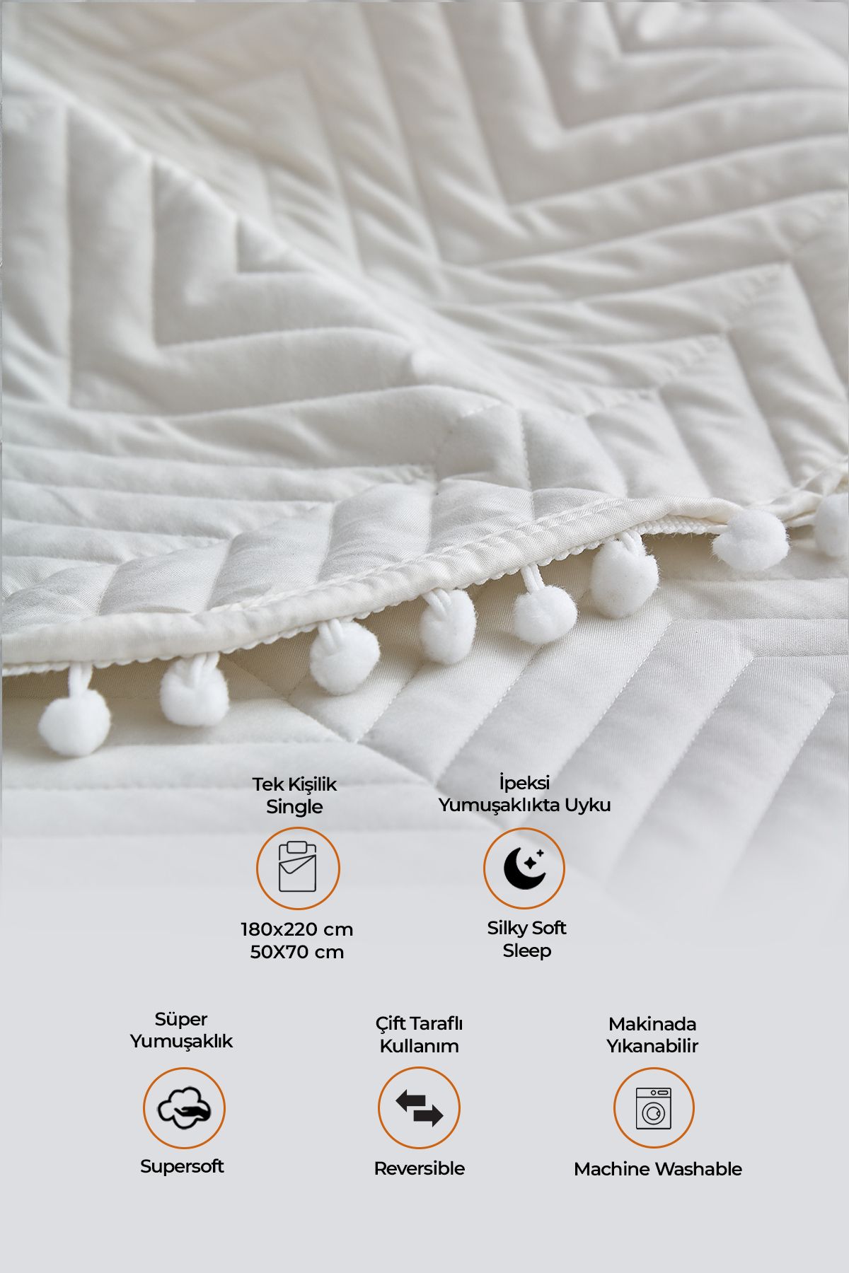 Evlen Home Collection-Single Pompom Mattress Set - 100% Cotton, Daily Filled, Off-White Cream 2