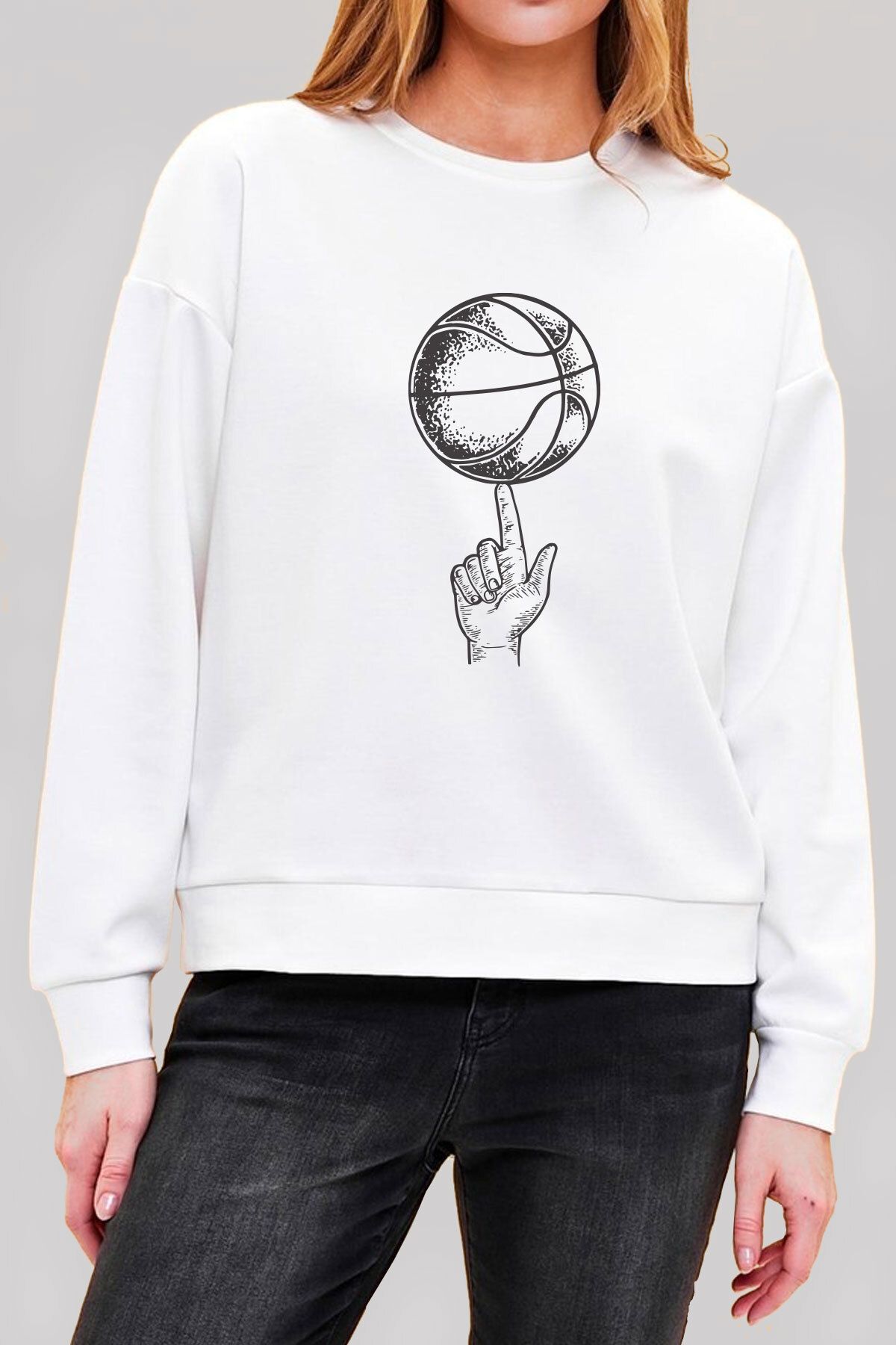 CU Collection Voleybol Topu Baskılı Beyaz Unisex Pamuklu Sweatshirt CU310