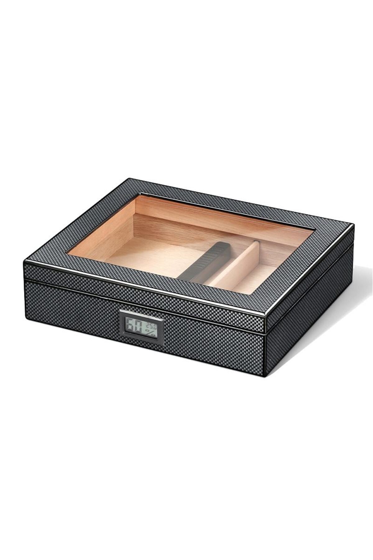 Falconetti Karbon Fiber Siyah Camlı Kısa Humidor Puro Kutusu Rc38