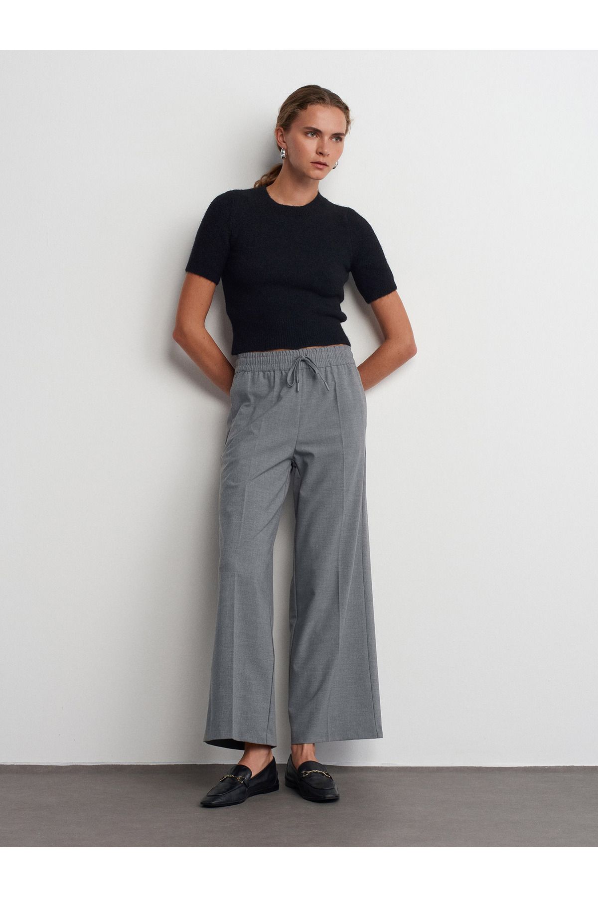 Dilvin-71556 Drawstring Tied Trousers-Light Gray 3