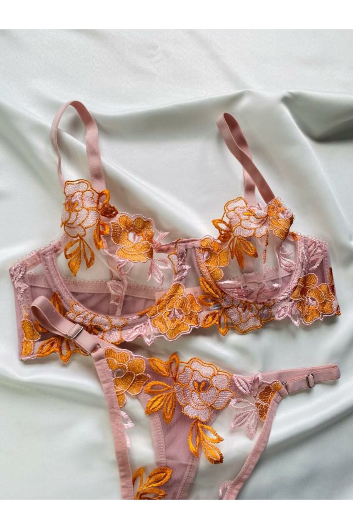 ARONA-Orange Floral Lace Underwire Bra Set 3