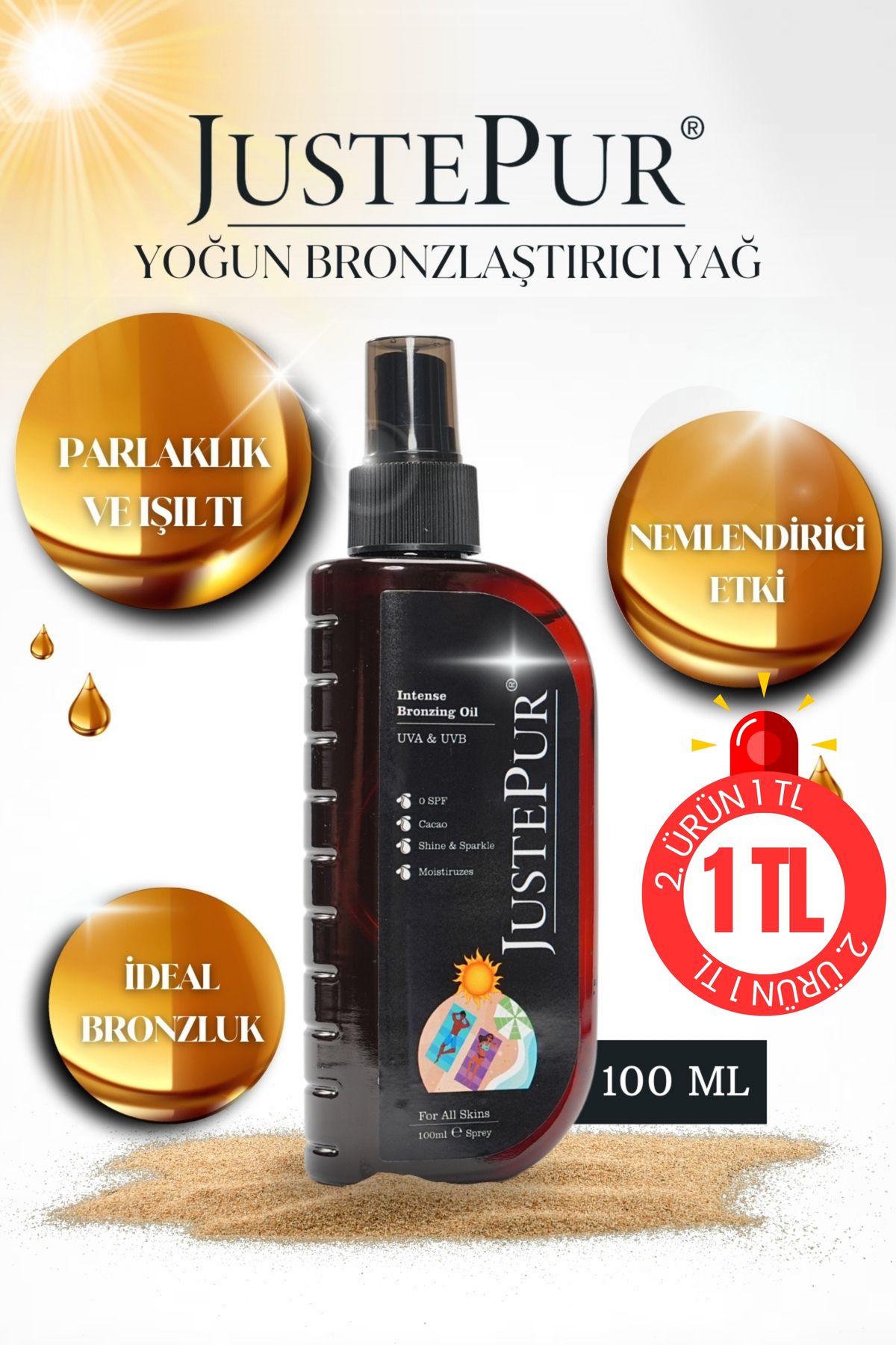 JUSTEPUR Yoğun Bronzlaştırıcı Yağı 100 Ml. Sprey Cacao Oil Parlaklık, Işıltı 0SPF UVA&UVB Tüm Ciltler