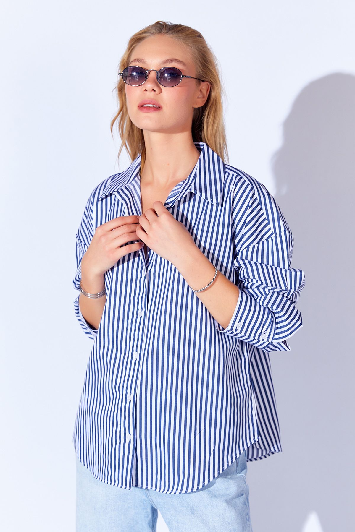 Manche-Navy Blue Striped Women's Shirt 1