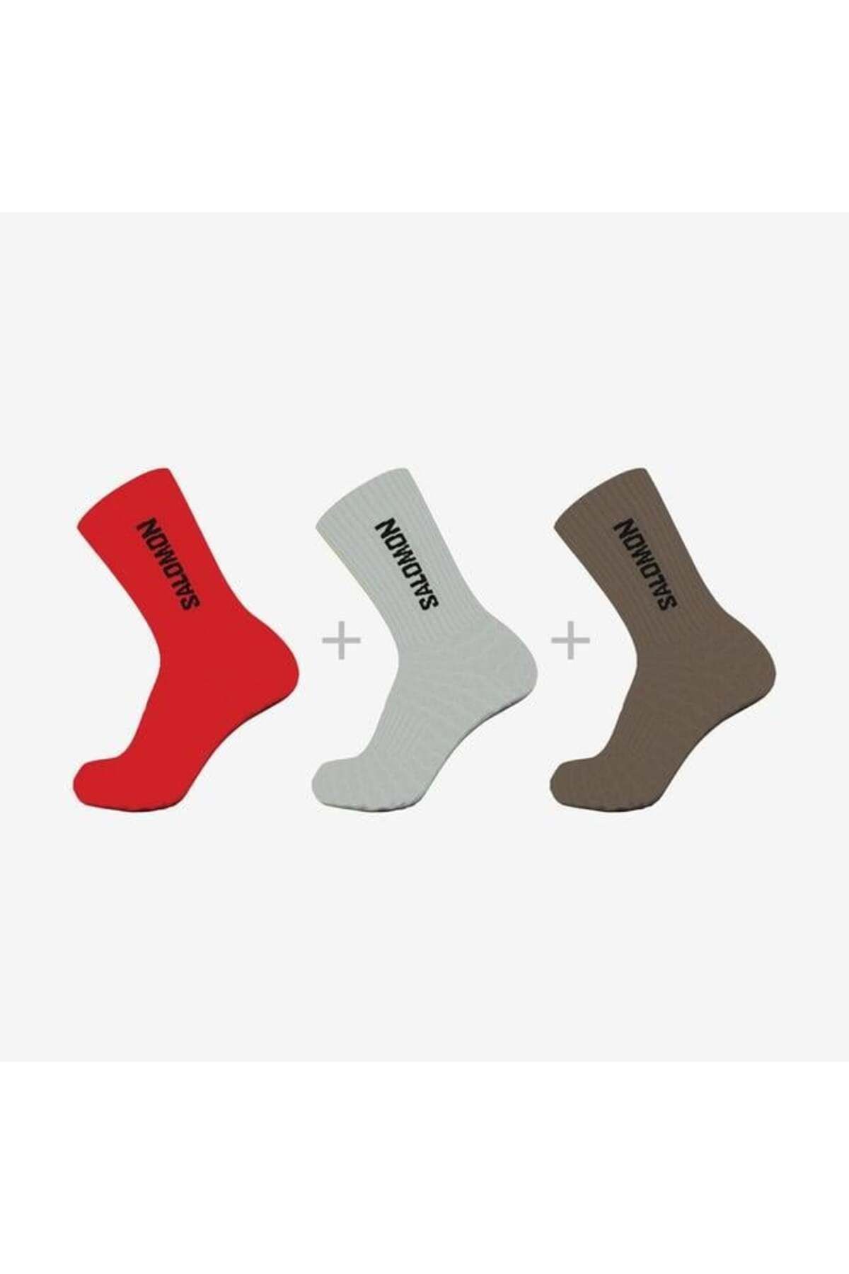 Salomon-Everyday Crew 3 Pack 3 Pieces Unisex Socks Red-Grey-Brown 1