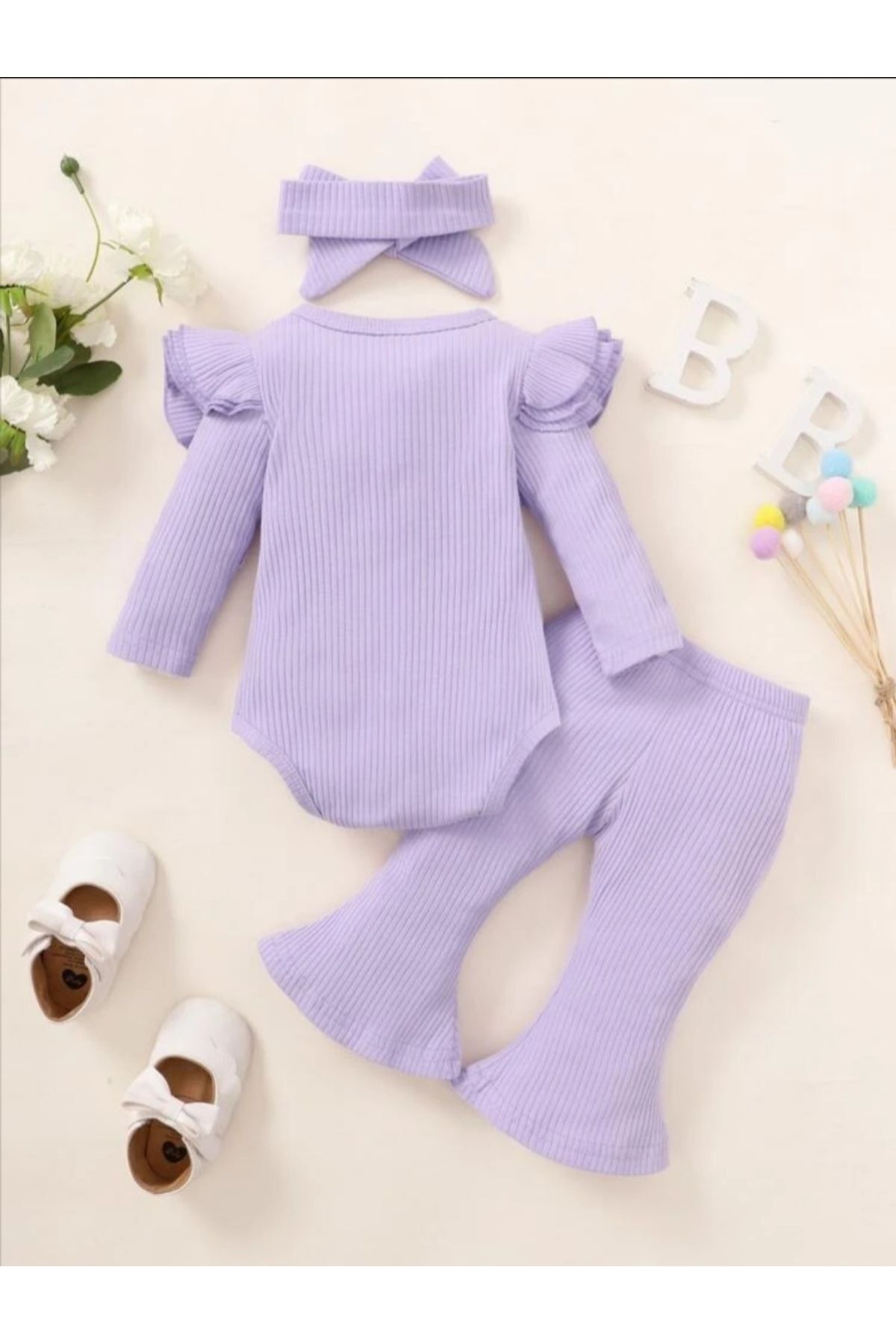 bebekpare Kız Çocuk Fitilli Alt Üst Ispanyol Takım Lila %100 Pamuk fotoğrafı 2 (önizleme)