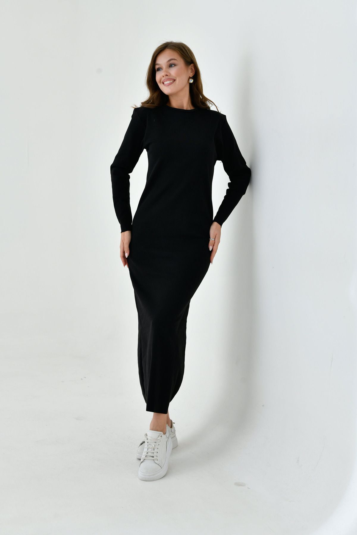 mirach-Long Sleeve Ribbed Maxi Dress - Zero Collar, Basic Knitwear Abaya Ferace 7