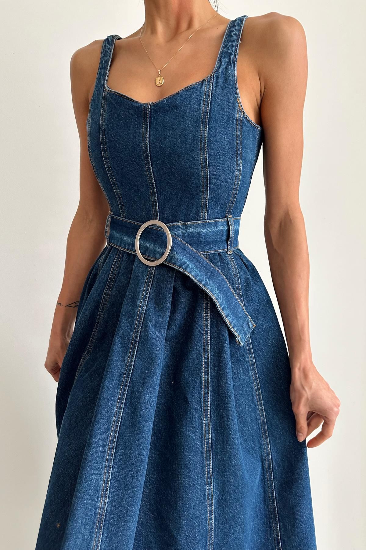 mylove-Navy Blue Denim Belted Dress 6