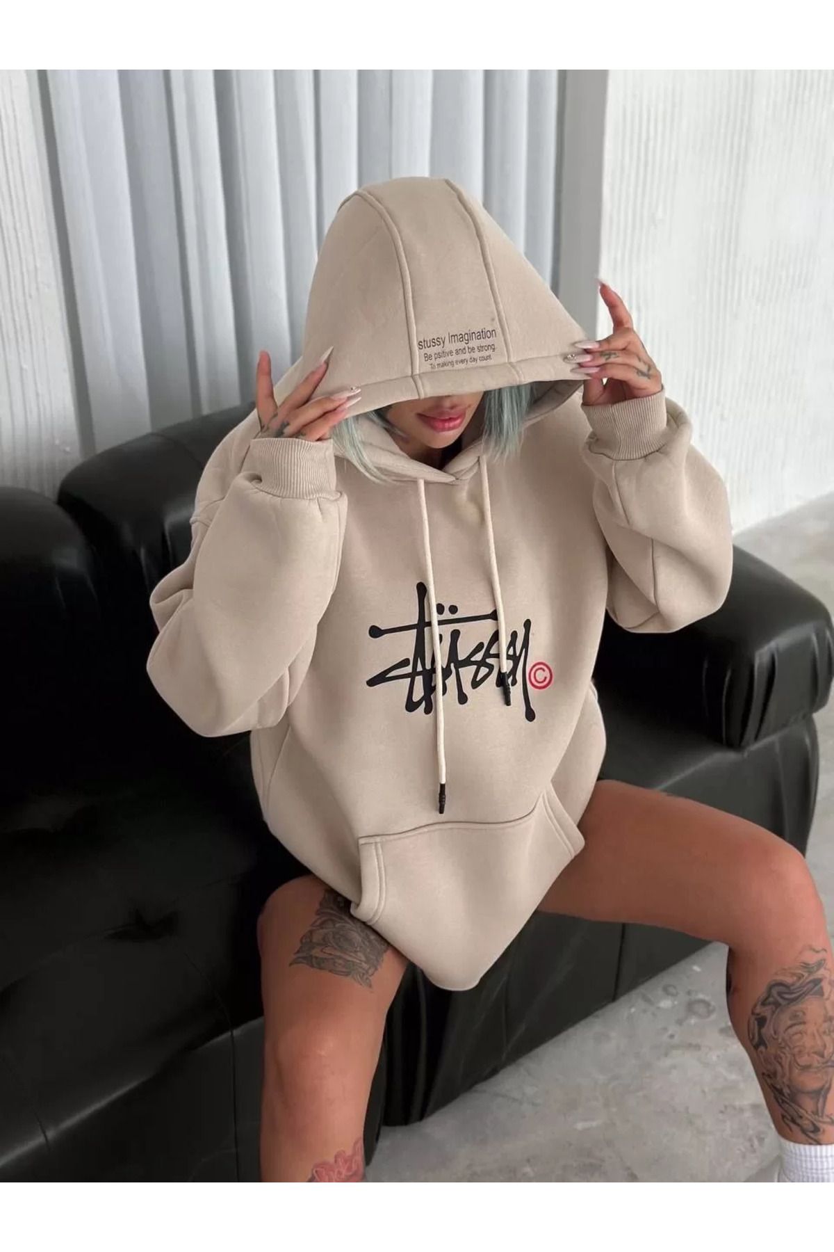 SA Alişveriş Dünyam Üç İplik Kapşonlu Baskılı SweatShirt - Bej