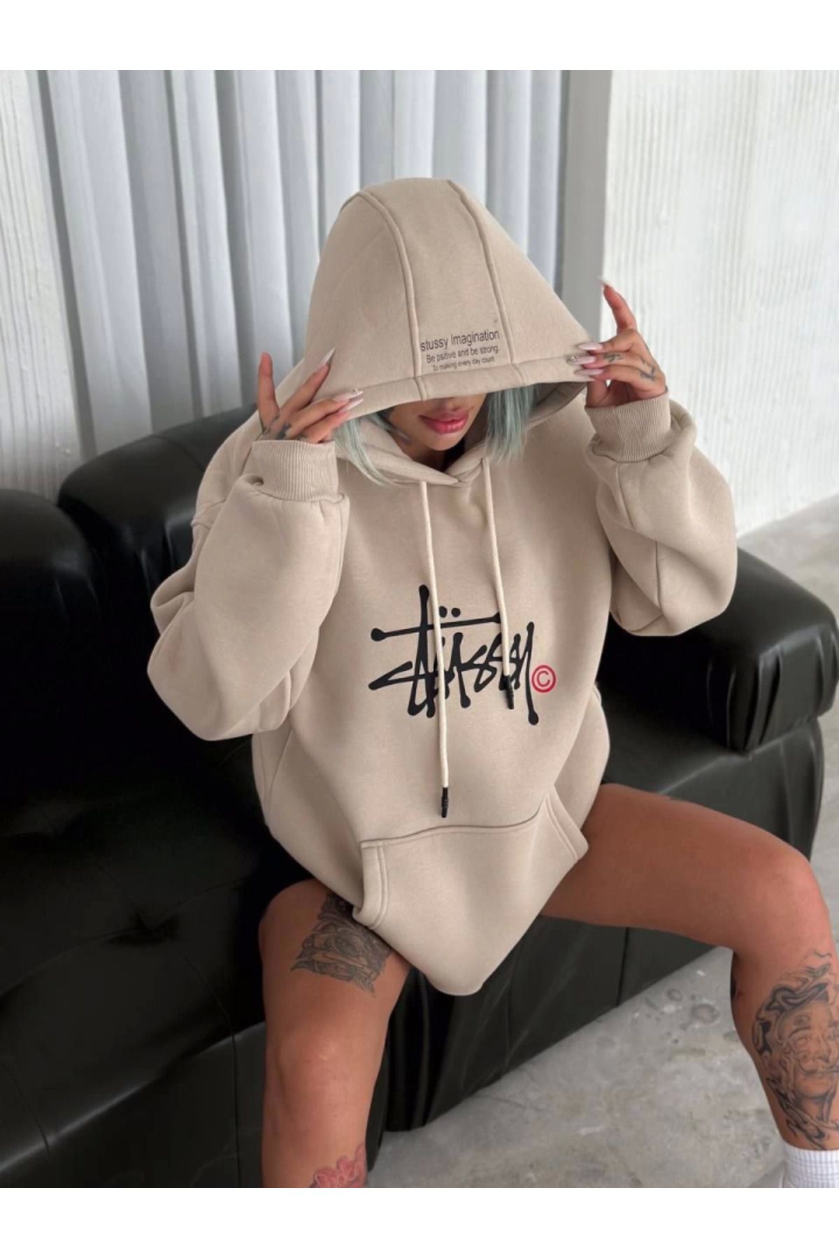 ATOM84 Üç İplik Kapşonlu Baskılı SweatShirt - Bej