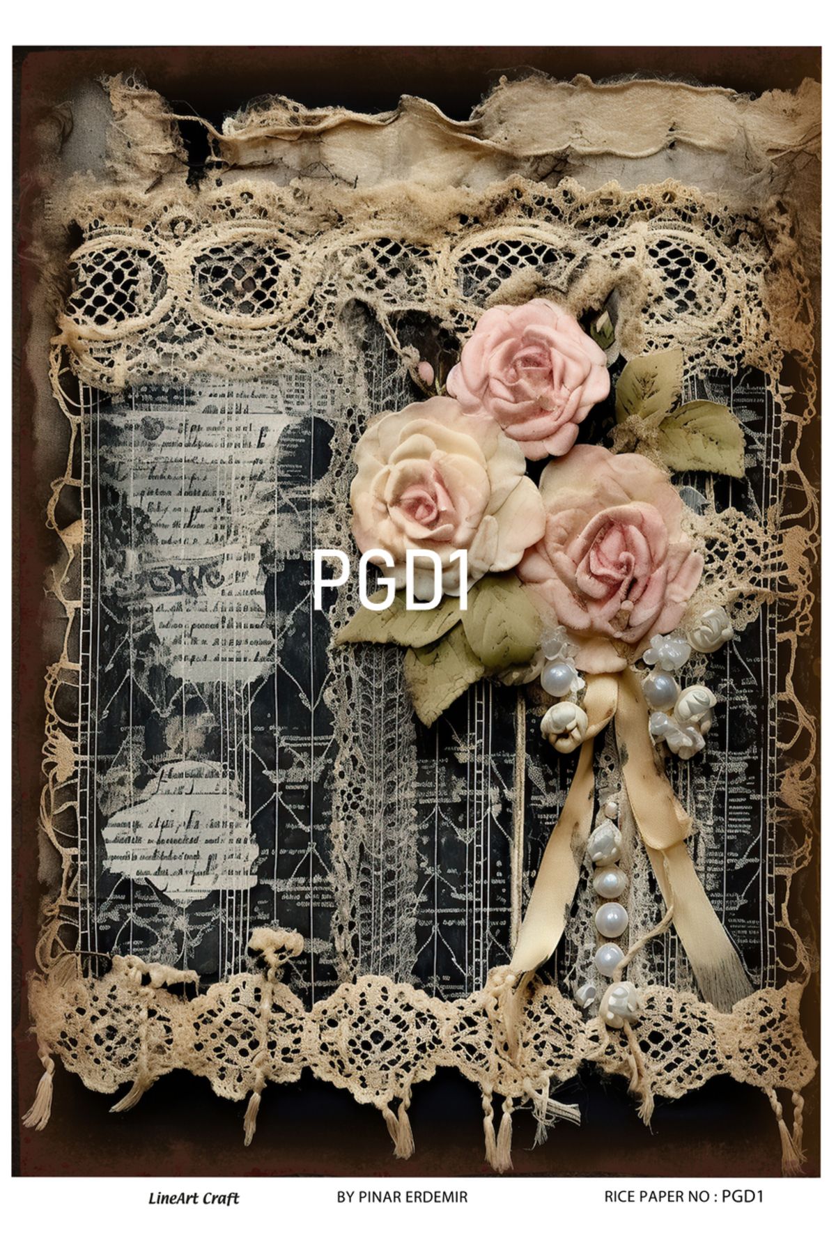 LİNEART-Pgd Series - Pink Rose Lace Patterned Brass Decopaji, 29X42Cm 1