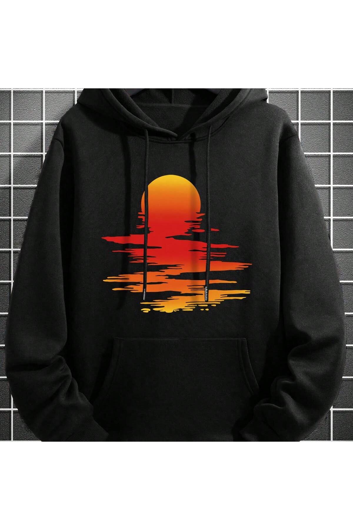 هودي أسود كبير الحجم بطبعة شمس الغروب والذوبان