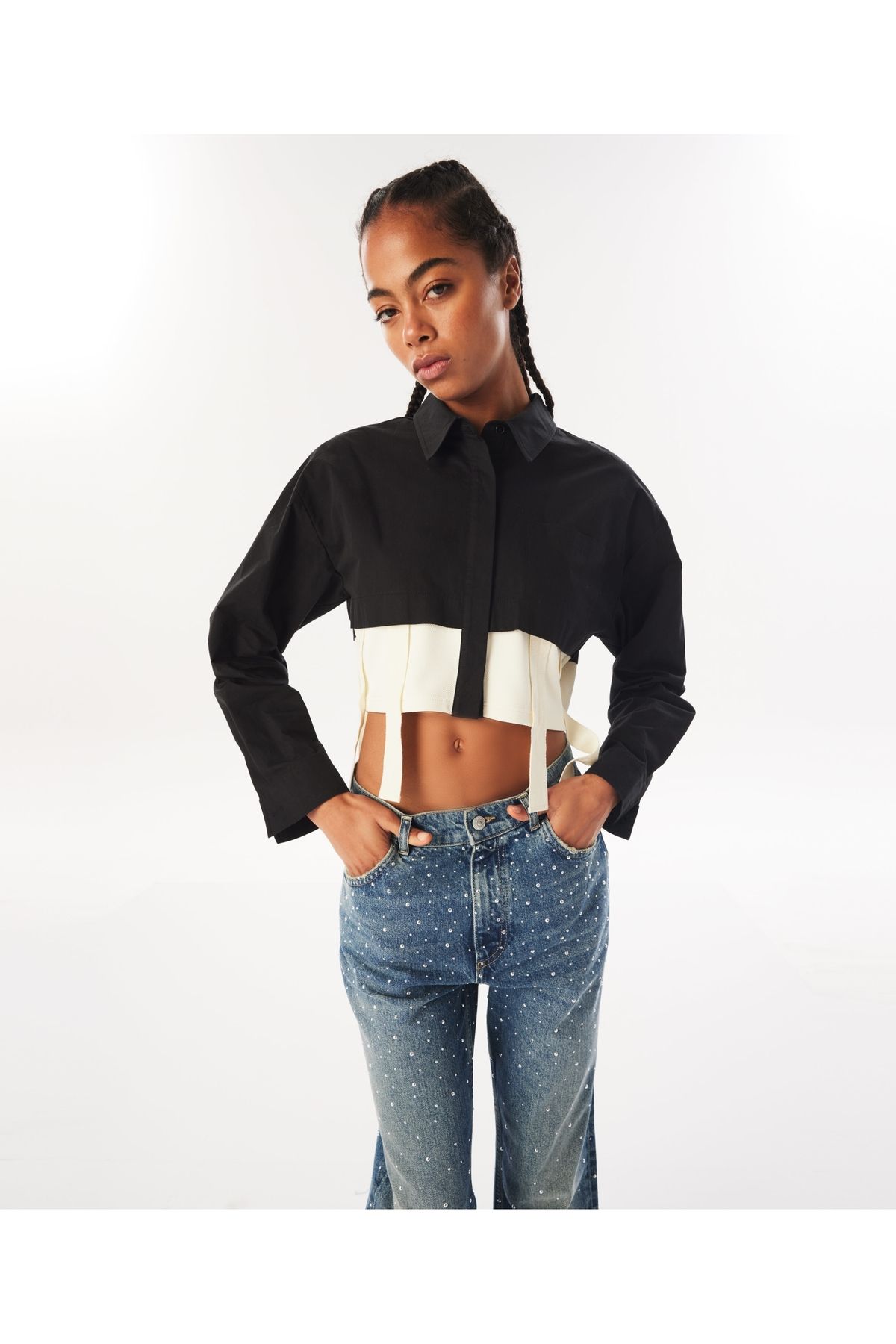 Twist-Grogren Crop Shirt - Stripe Detailed 4