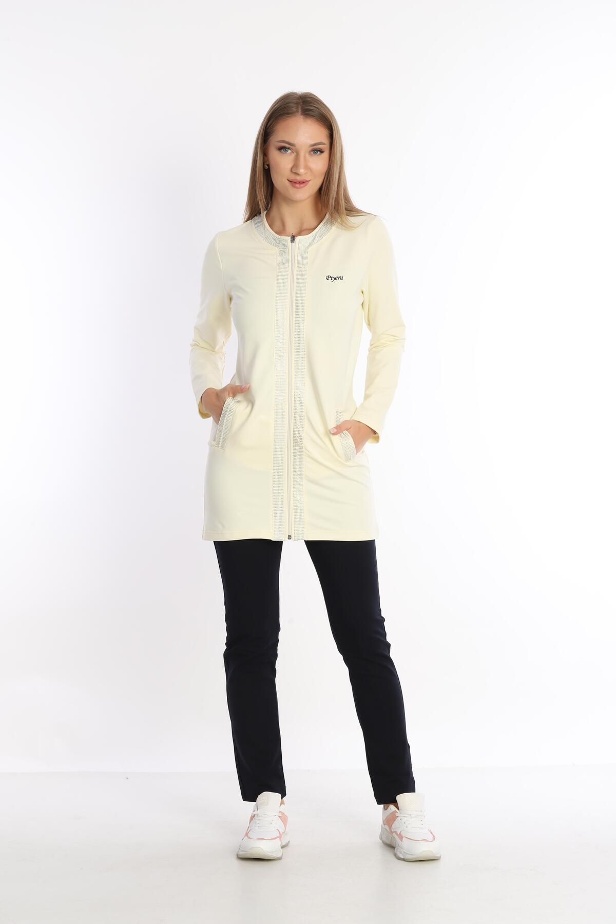 Women's Ecru Two Thread Fabric Crew Neck Gemstone Beaded Zippered Tunic Set with Pockets - 7461