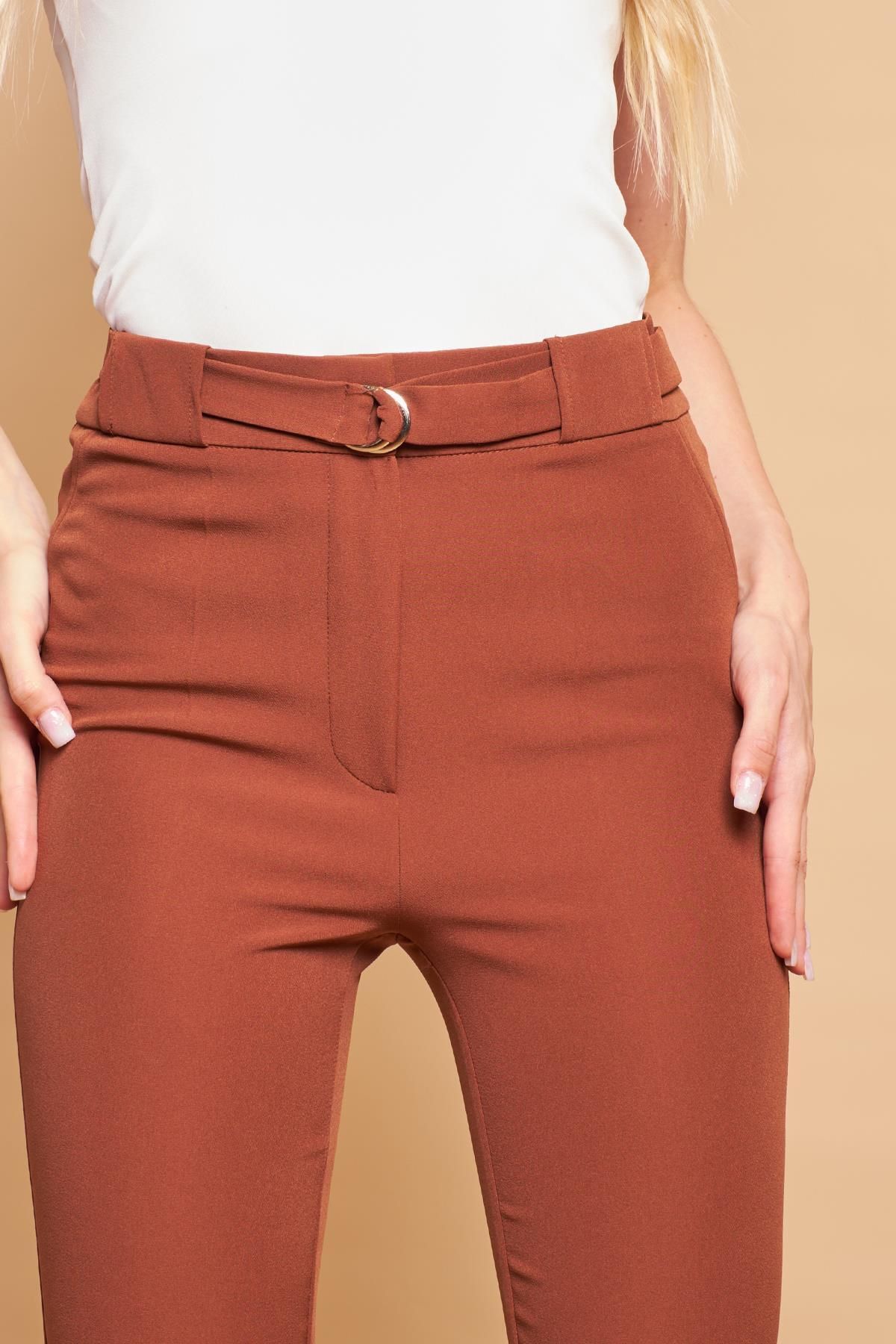 Jument-Thick Belt D Buckle Ankle Length Normal Waist Lycra Fabric Trousers - Dark Tan 5