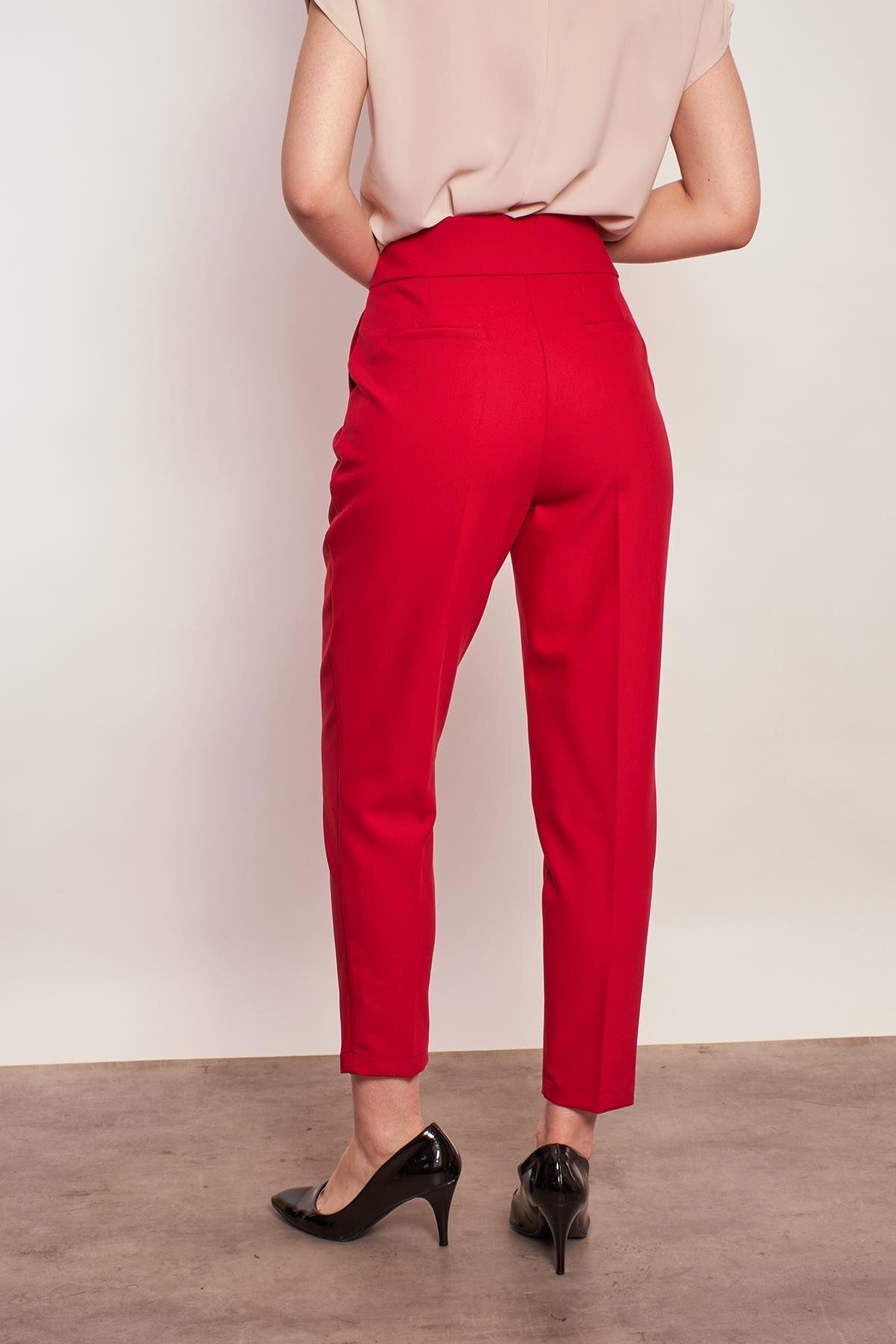 Jument-High Waist Thick Belted Side Pocket Pleated Carrot Leg Light Lycra Fabric Trousers - burgundy 6