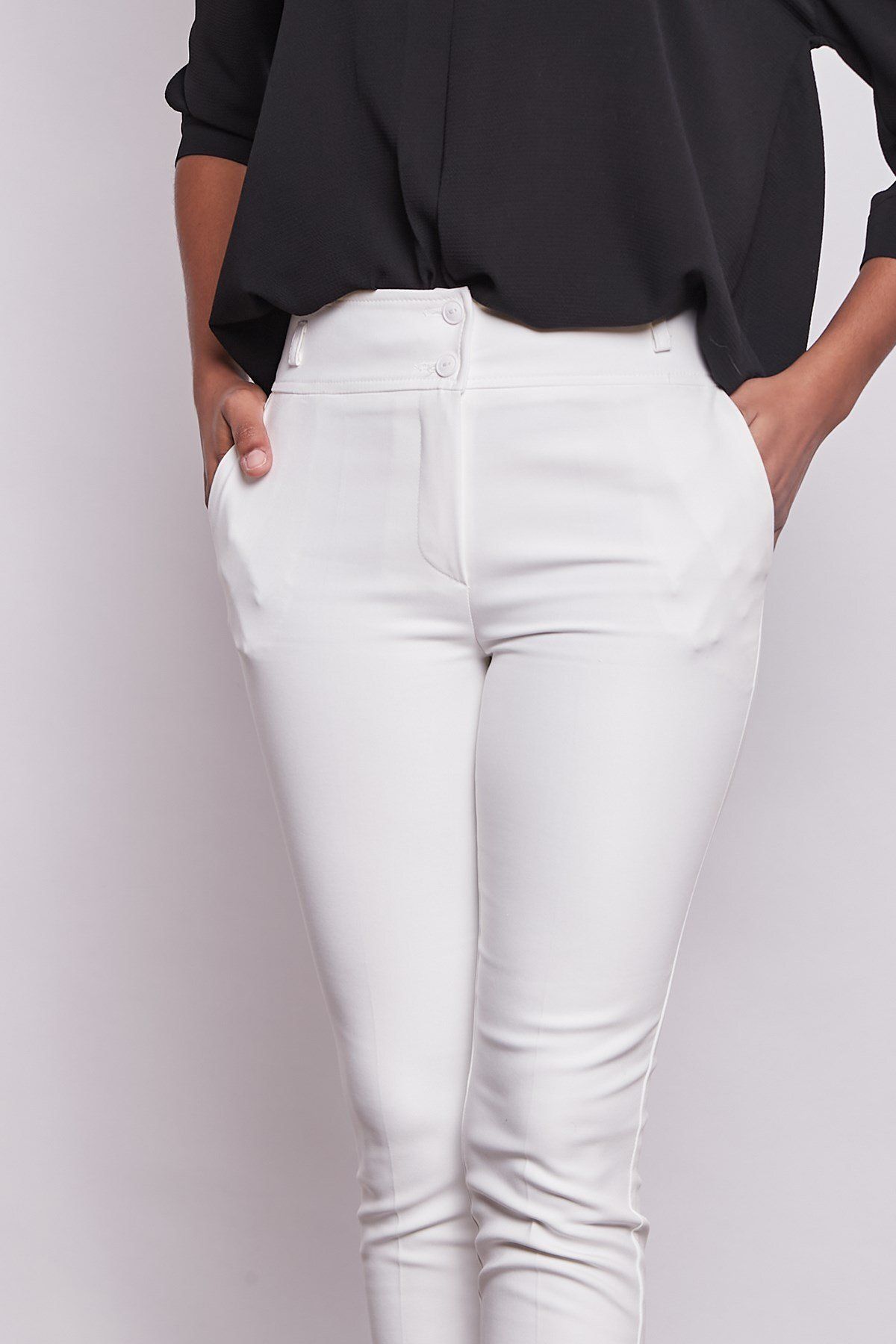 Jument-High Waist Thick Belt Pocket Slim Leg Ankle Length Cotton Lycra Fabric Trousers - cream 2