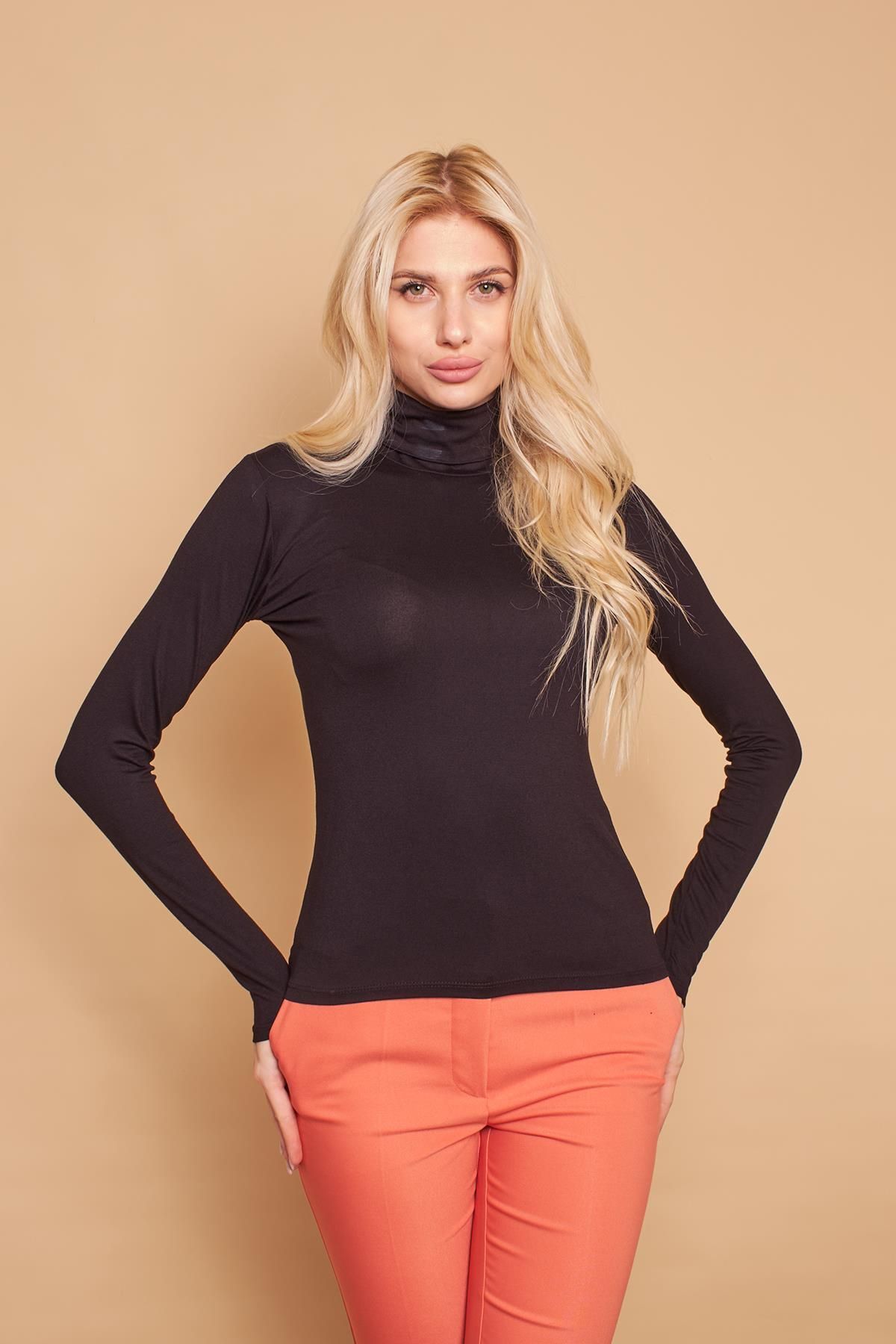 Jument-Turtleneck Long Sleeve Lycra Stylish Fabric Blouse Body-Black 2