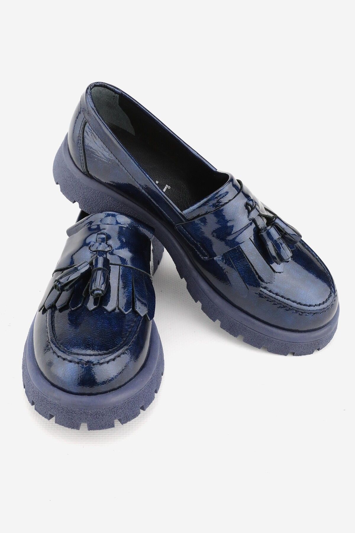 TUNAELLİ-Women's Navy Blue Patent Leather Genuine Natural Leather Number 36-41 Tassel Loafer Shoes 3