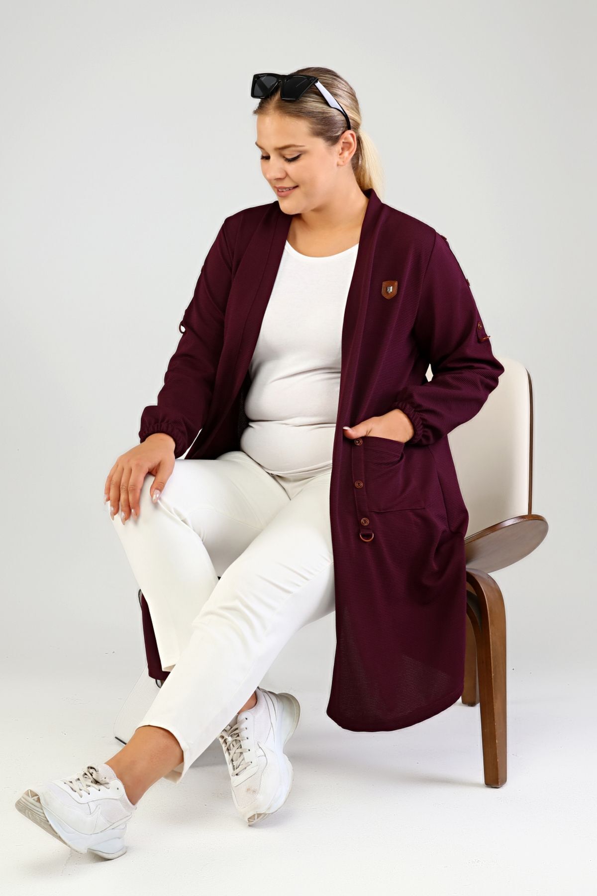 Ferace-Women's Large Size Organ Cardigan Steel Ottoman Plum 8