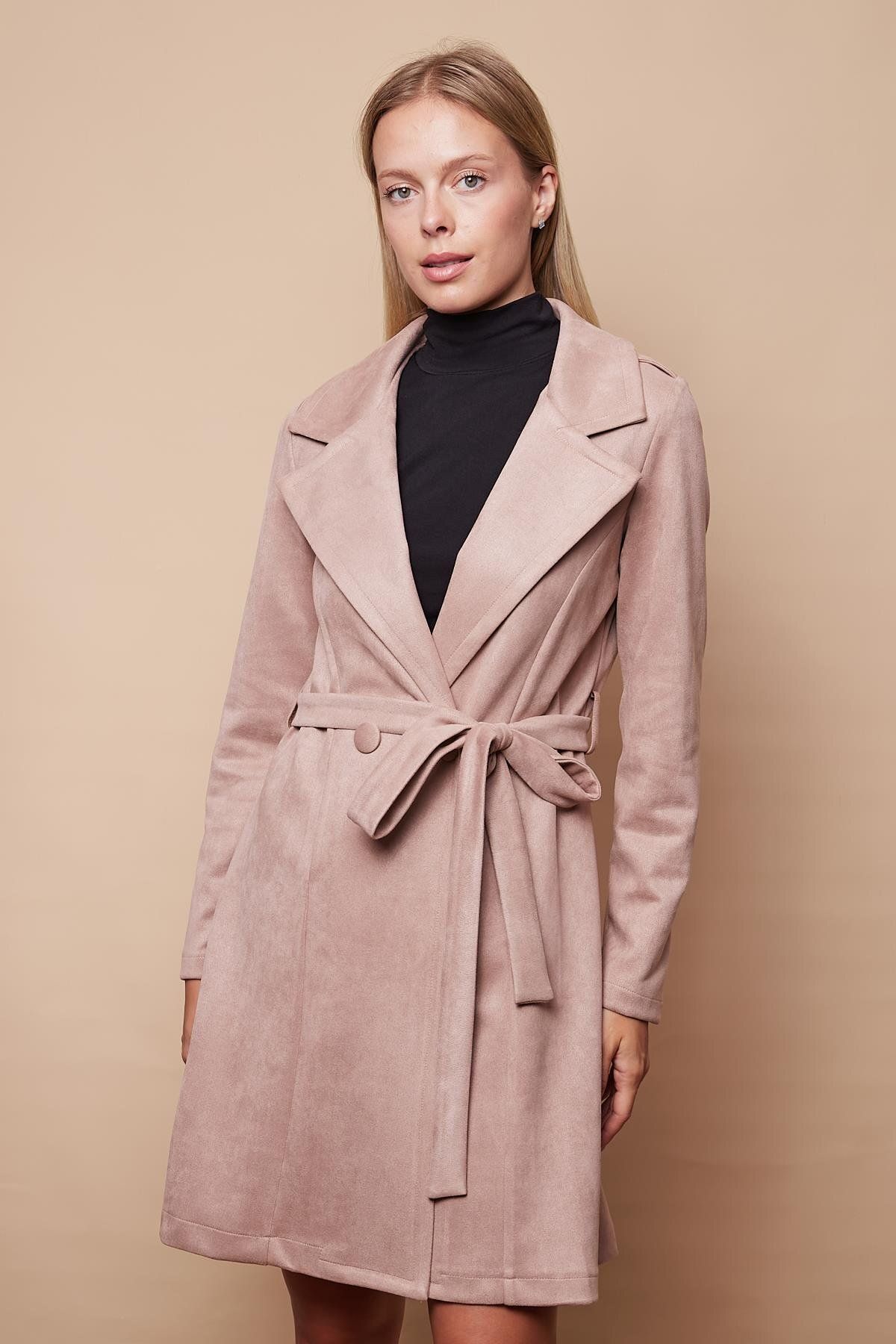 Jument-Light Suede Women's Trench Coat - Double Breasted, Pocketed, Long Sleeve, Knee Length - Lycra Mink 7