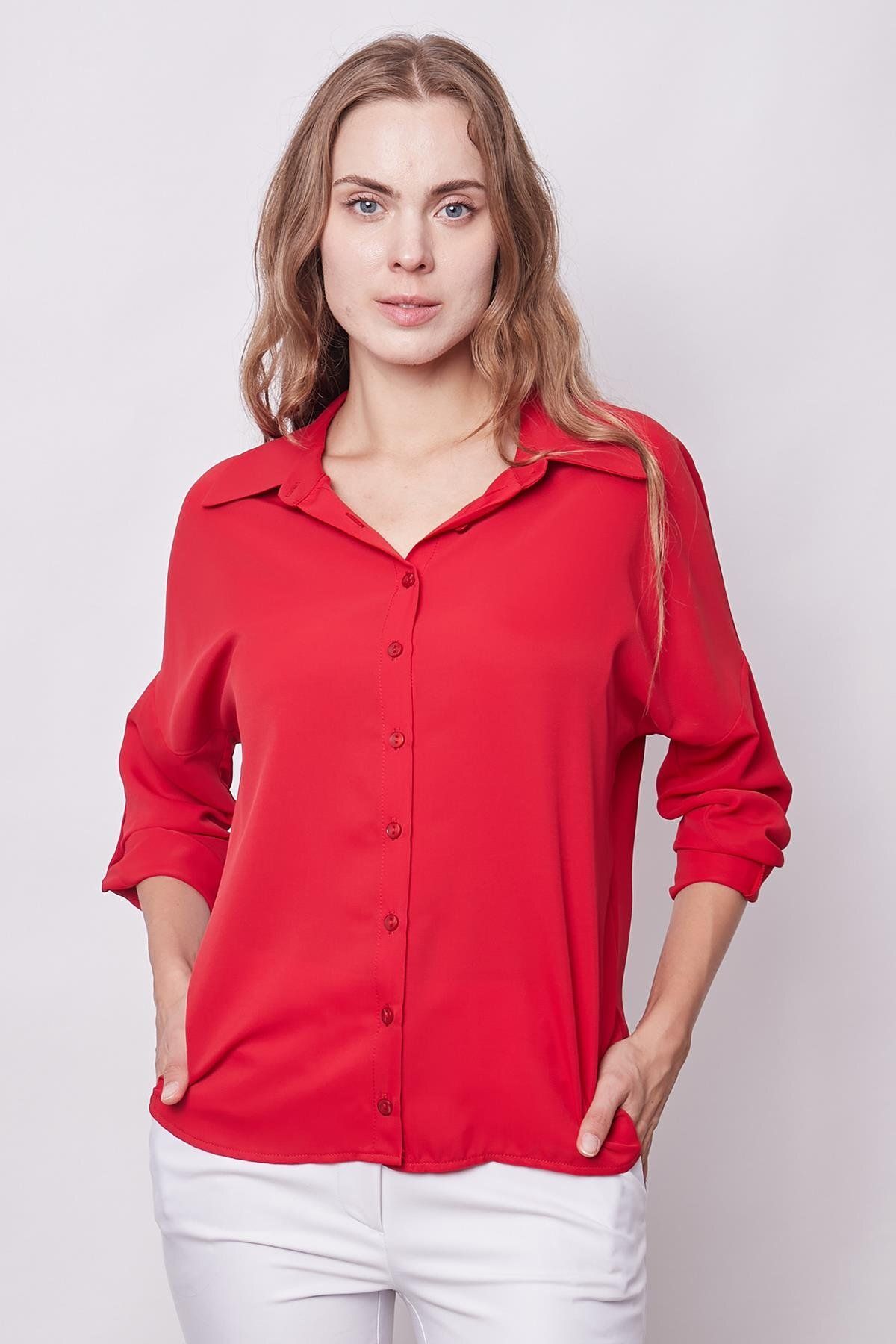 Jument-Stylish Red Long Sleeve Shirt with Epaulettes - Backless, Lycra Free 4