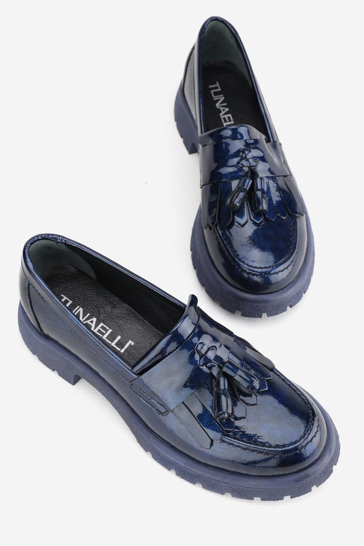 TUNAELLİ-Women's Navy Blue Patent Leather Genuine Natural Leather Number 36-41 Tassel Loafer Shoes 6