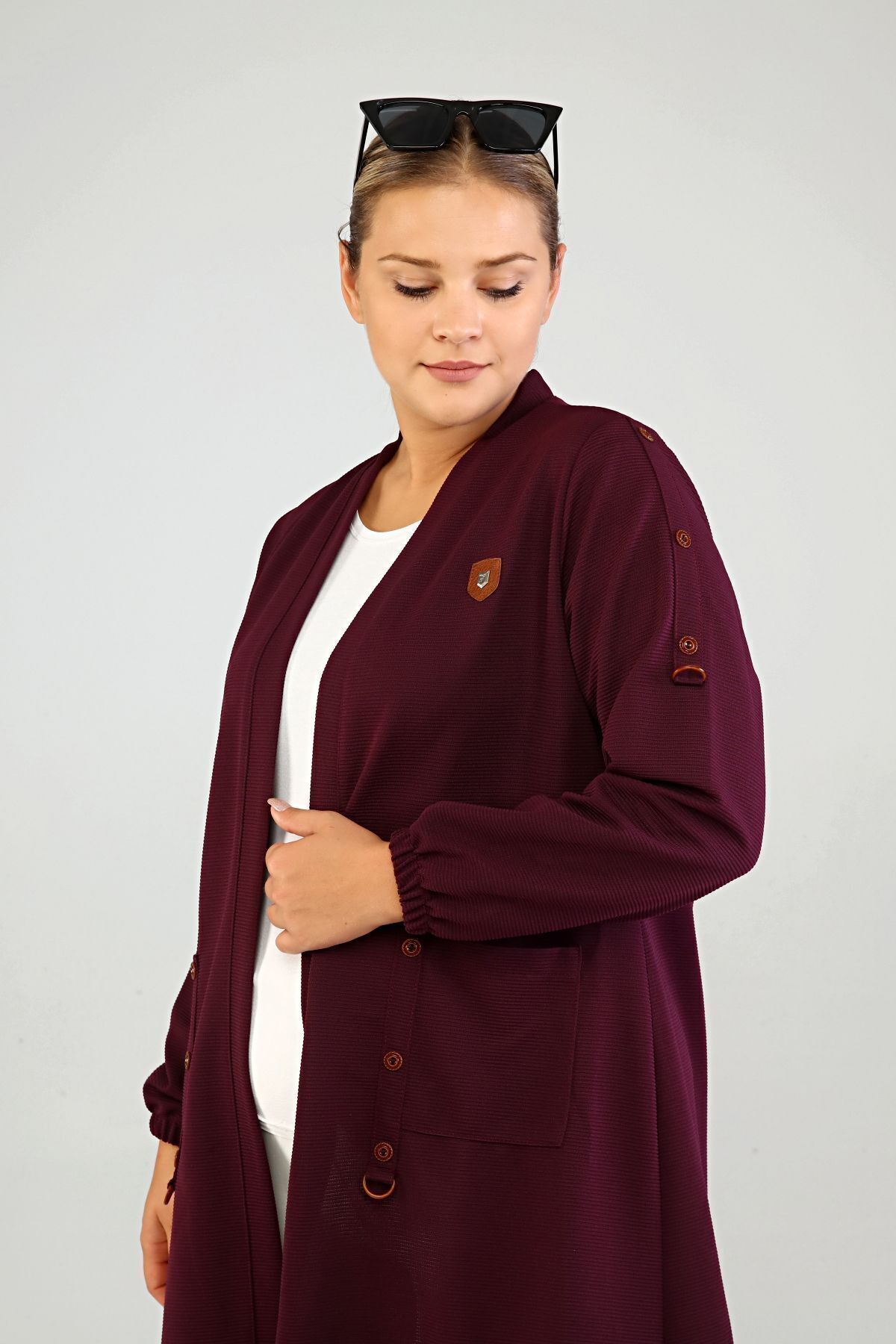 Ferace-Women's Large Size Organ Cardigan Steel Ottoman Plum 4