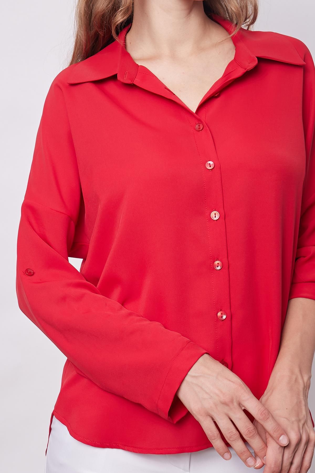 Jument-Stylish Red Long Sleeve Shirt with Epaulettes - Backless, Lycra Free 5