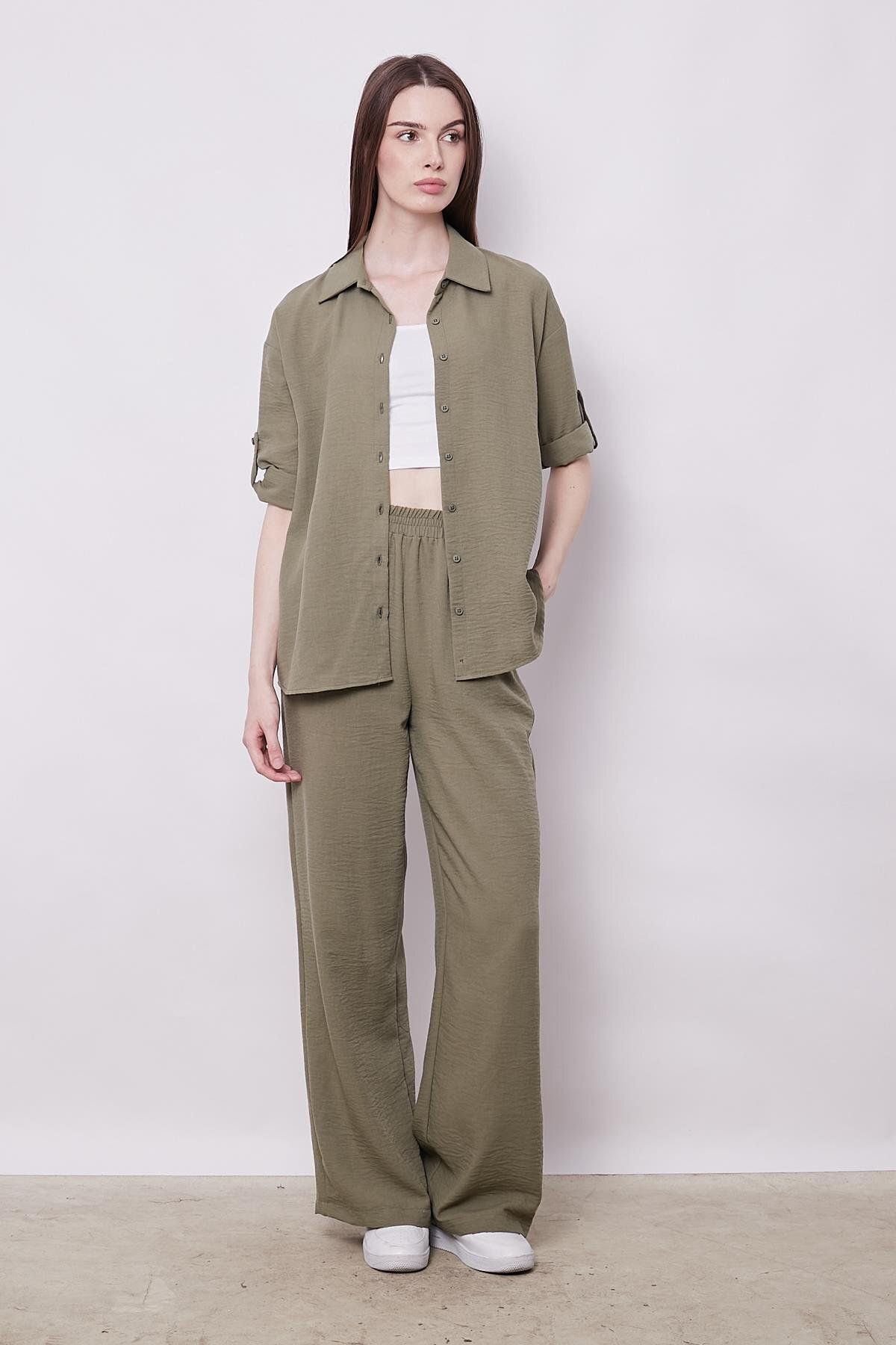 Jument-Khaki Linen Women's Shirt - Off Shoulder, Capri Collar and Epaulet - Ideal for Stylish Design 3