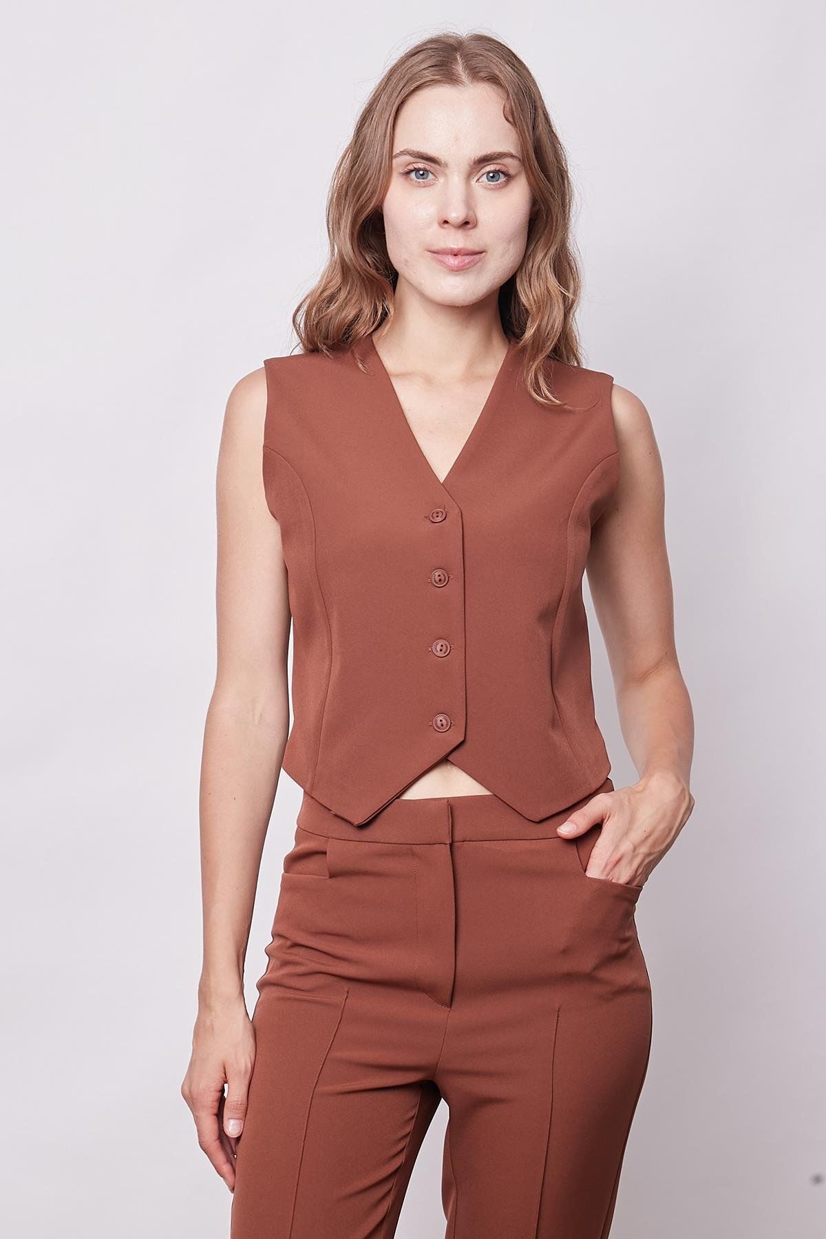 Jument-Lightweight and Lycra Fabric Dark Tan Short Vest - Buttoned Front 4