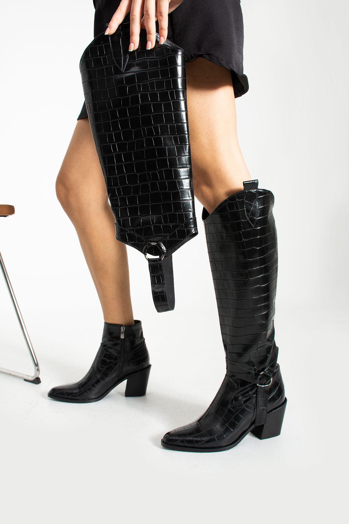 Gökçe Shoes-Matviy Black Crocodile Detailed Women's Heeled Boots 2