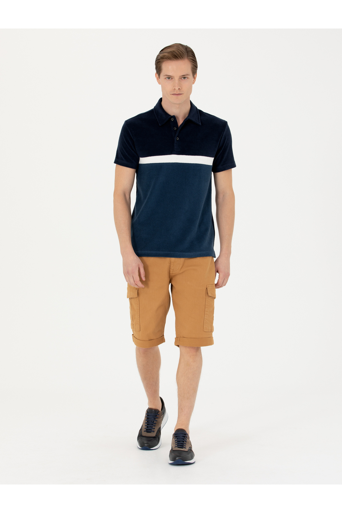 شلوارک جین برمودا طرح شتری اسلیم فیت برند کاشارل کد:(50269605-VR015) Cacharel