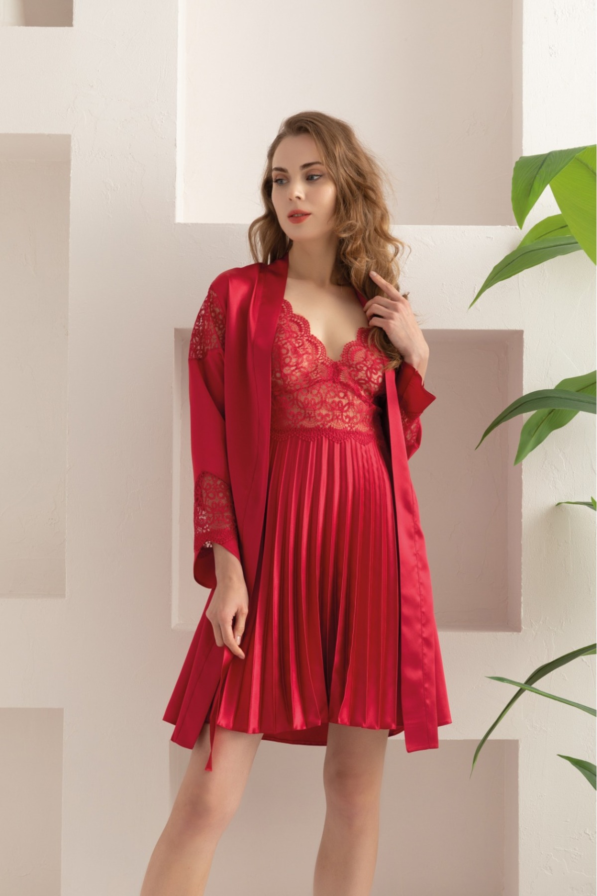 Lady Lingerie Sabahlıklı Dantel Detaylı Gecelik 2'li Kadın Saten Takım