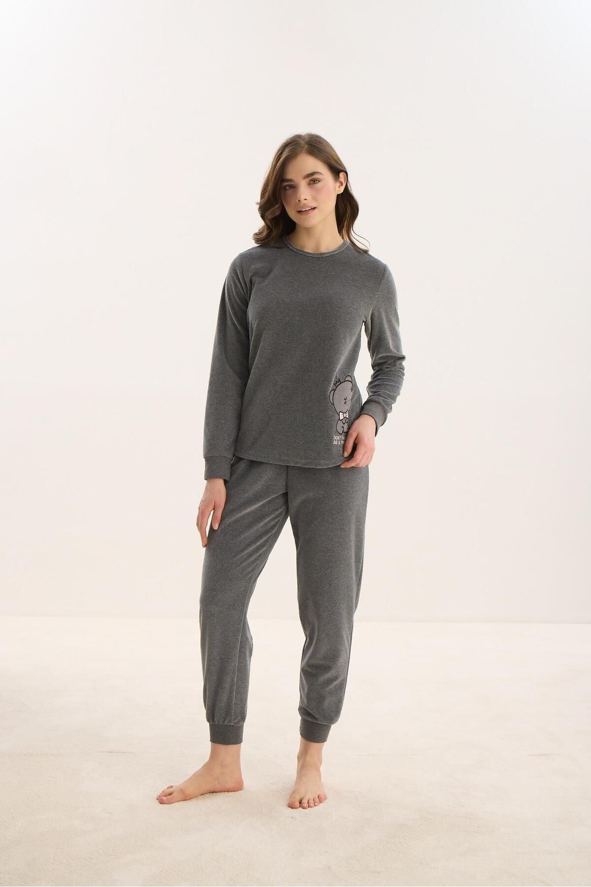 Sevim-Women's Long Sleeve Anthracite Velvet Pajama Set C3T8N0O61 5