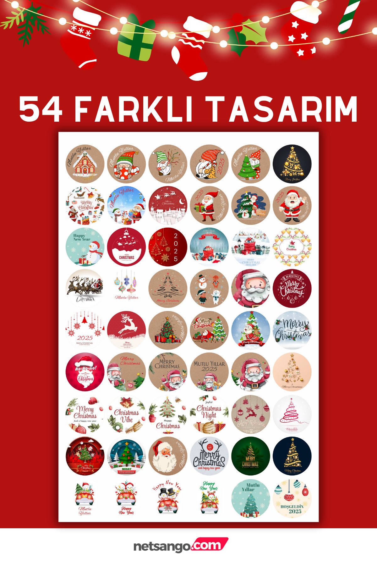 Yılbaşı Temalı Hediye Paketi Için 54 Adet Sticker Yeni Yıl Etiketi 2025