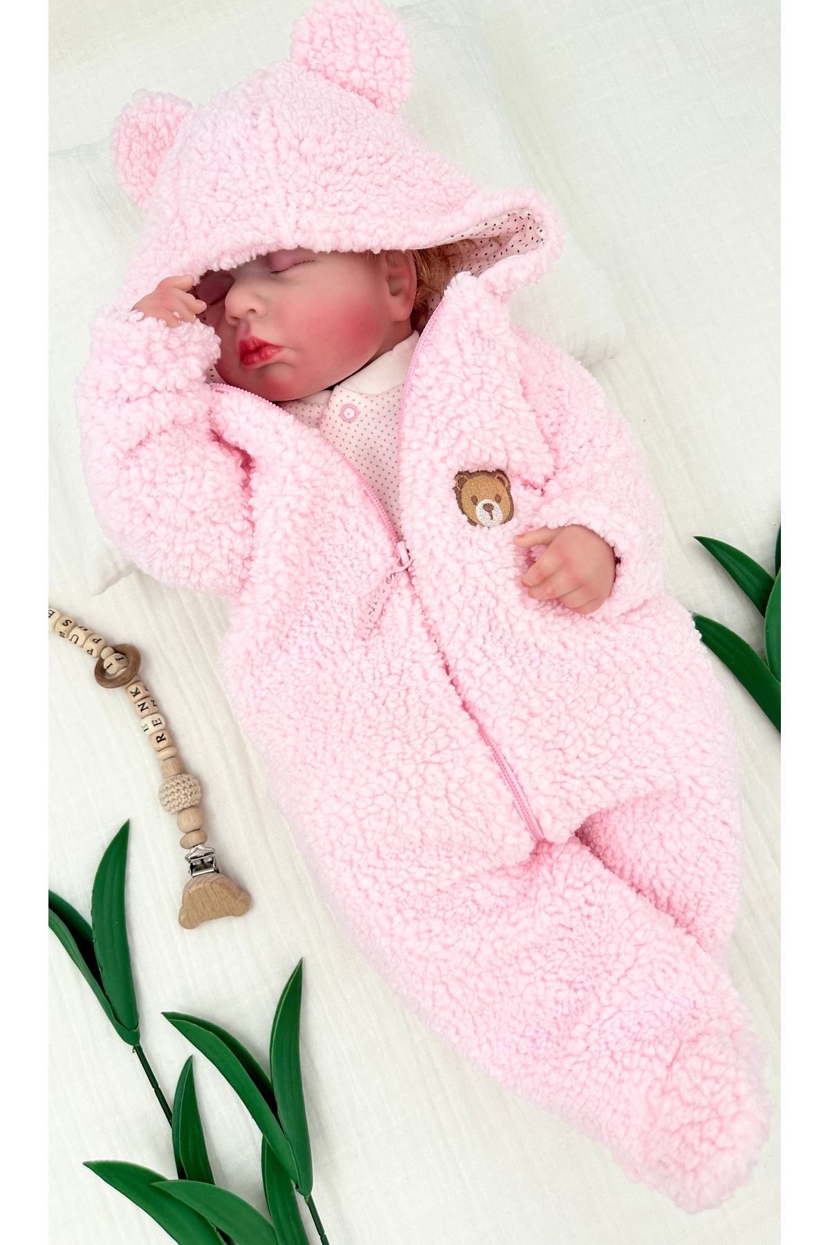 Renkli Puset Kapüşonlu Fermuarlı Peluş Polar Kız Bebek Tulumu Ayıcıklı Uyku Tulumu fotoğrafı 3 (önizleme)