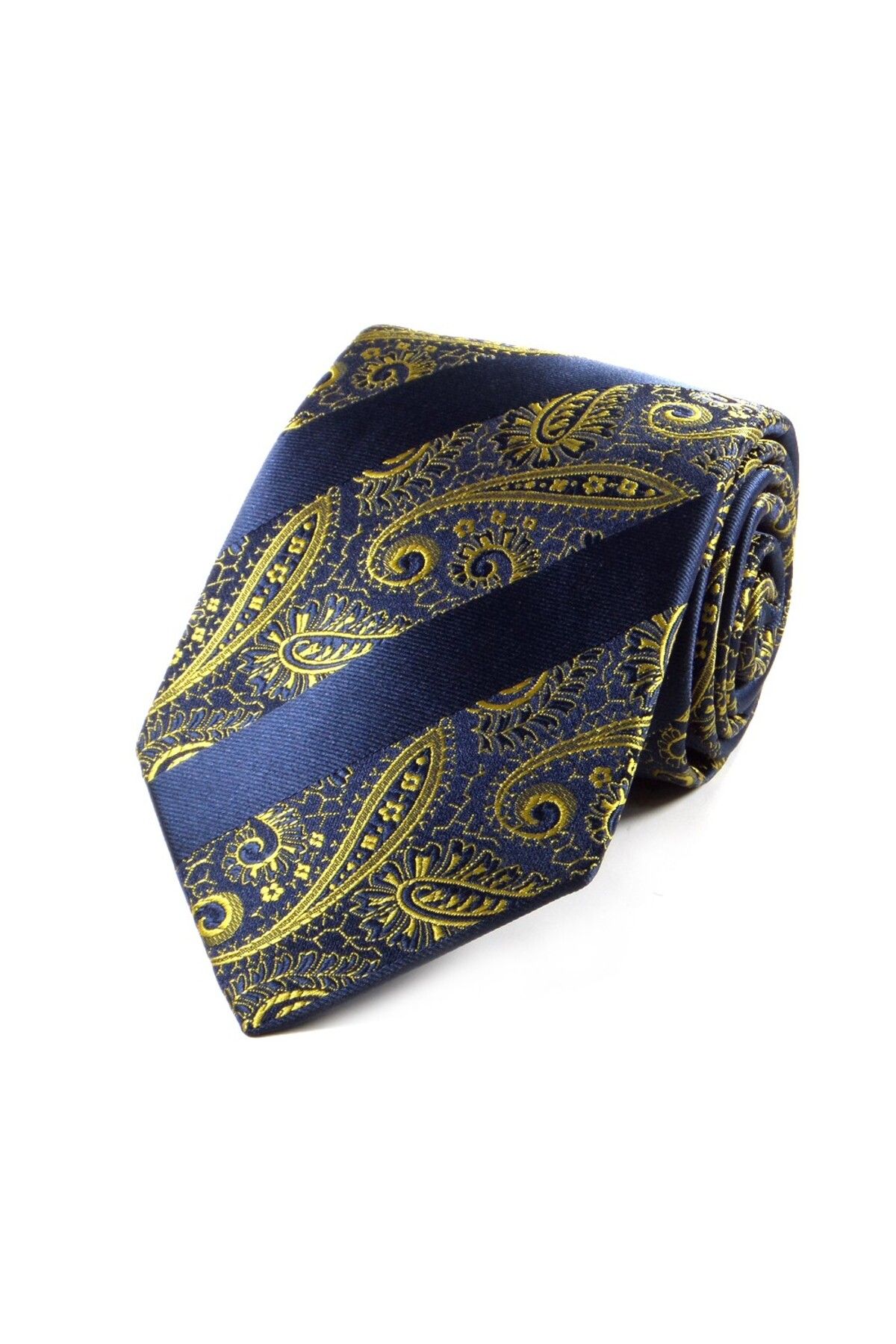 Sade Kravat-Special Woven Striped Navy Blue Yellow Shawl Patterned Tie - 29007 1