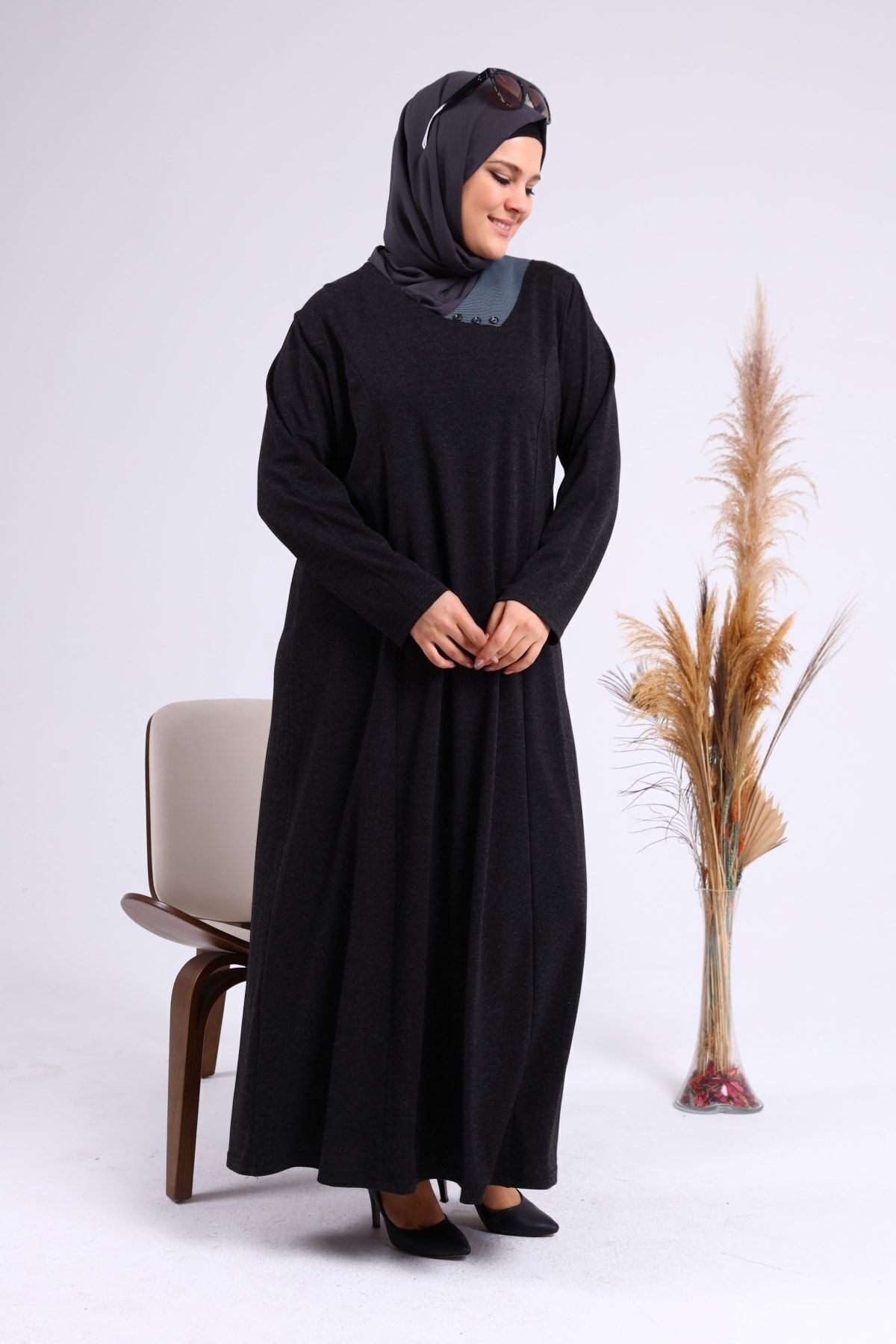 Ferace-Îmbrăcăminte lungă Hijab Rochie Marime Mari Femei Guler Luna Negru 6