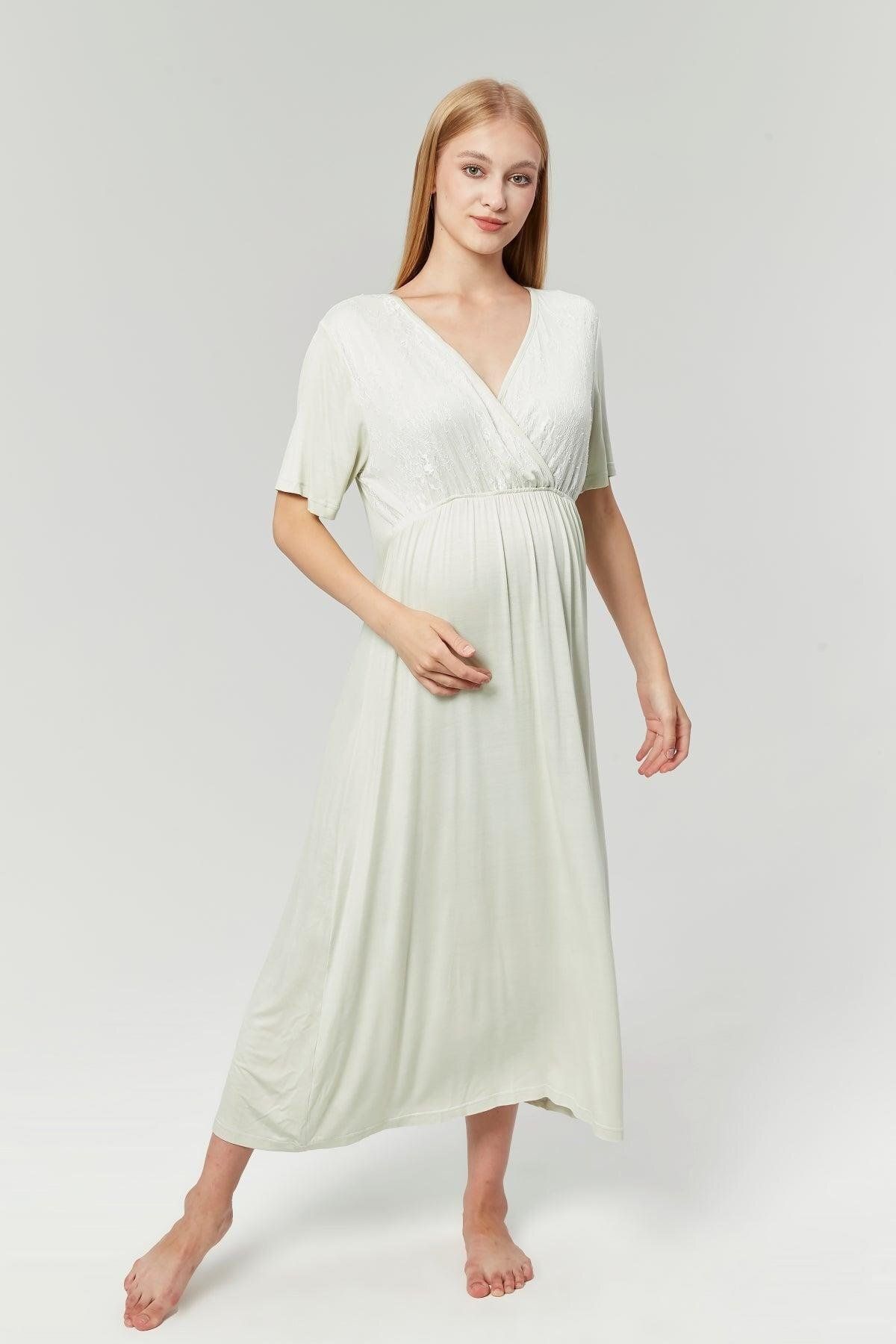 don point-Double Breasted Maternity Nightgown Set with Hidden Nursing Feature Water Green Dressing Gown - 525 6